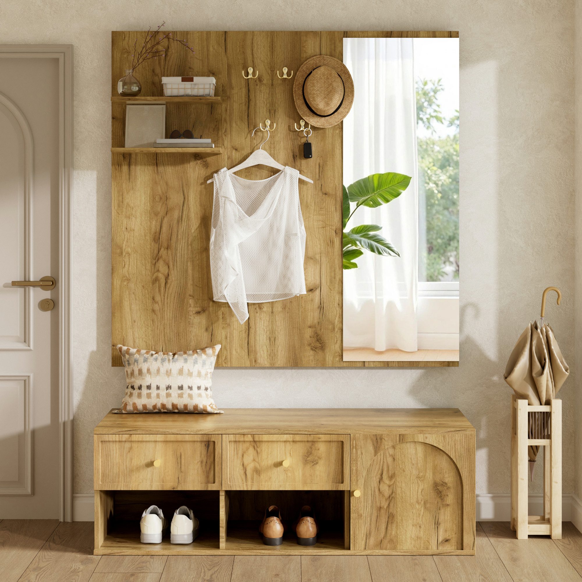 Flieks Garderoben-Set Wandgarderobe mit Schubladen, Schuhregal, Sitzbank, 5 Haken, Spiegel, (B120xT35xH159 cm), Kompaktgarderobe Flurschrank Einganschrank Flurmöbel-Set Holzoptik