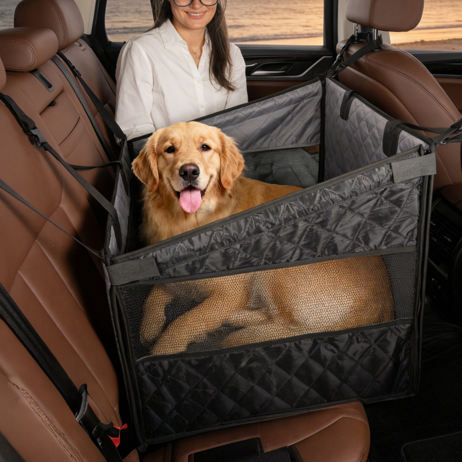 Youyijia Hunde-Autositz Hunde Autositz für Rückbank – Hundesitz Auto mit 4 Befestigungsgurten