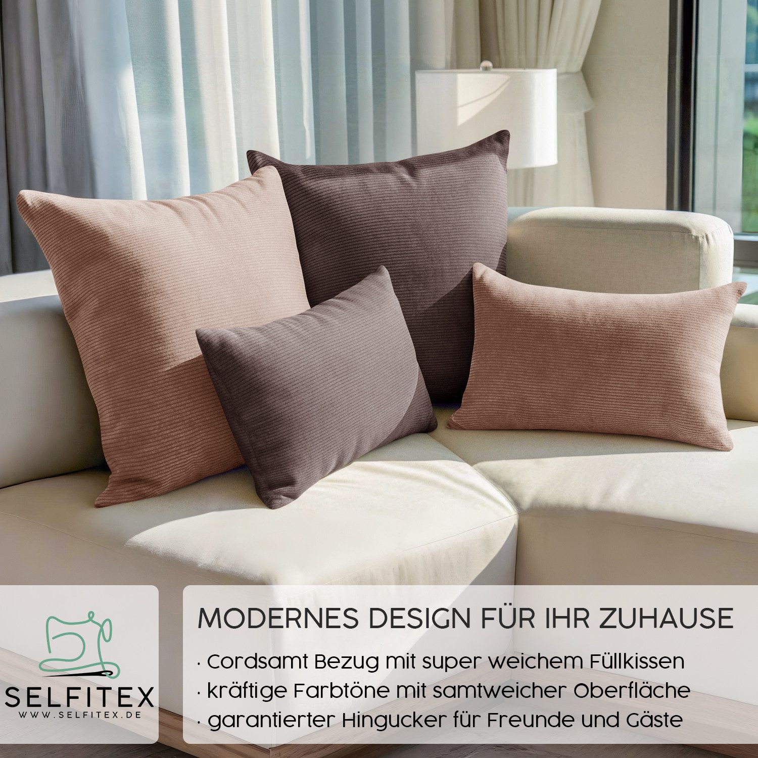 Selfitex Dekokissen 4er Set Cord Kissen inkl. Füllkissen, 2x 50x50 & 2x 30x günstig online kaufen