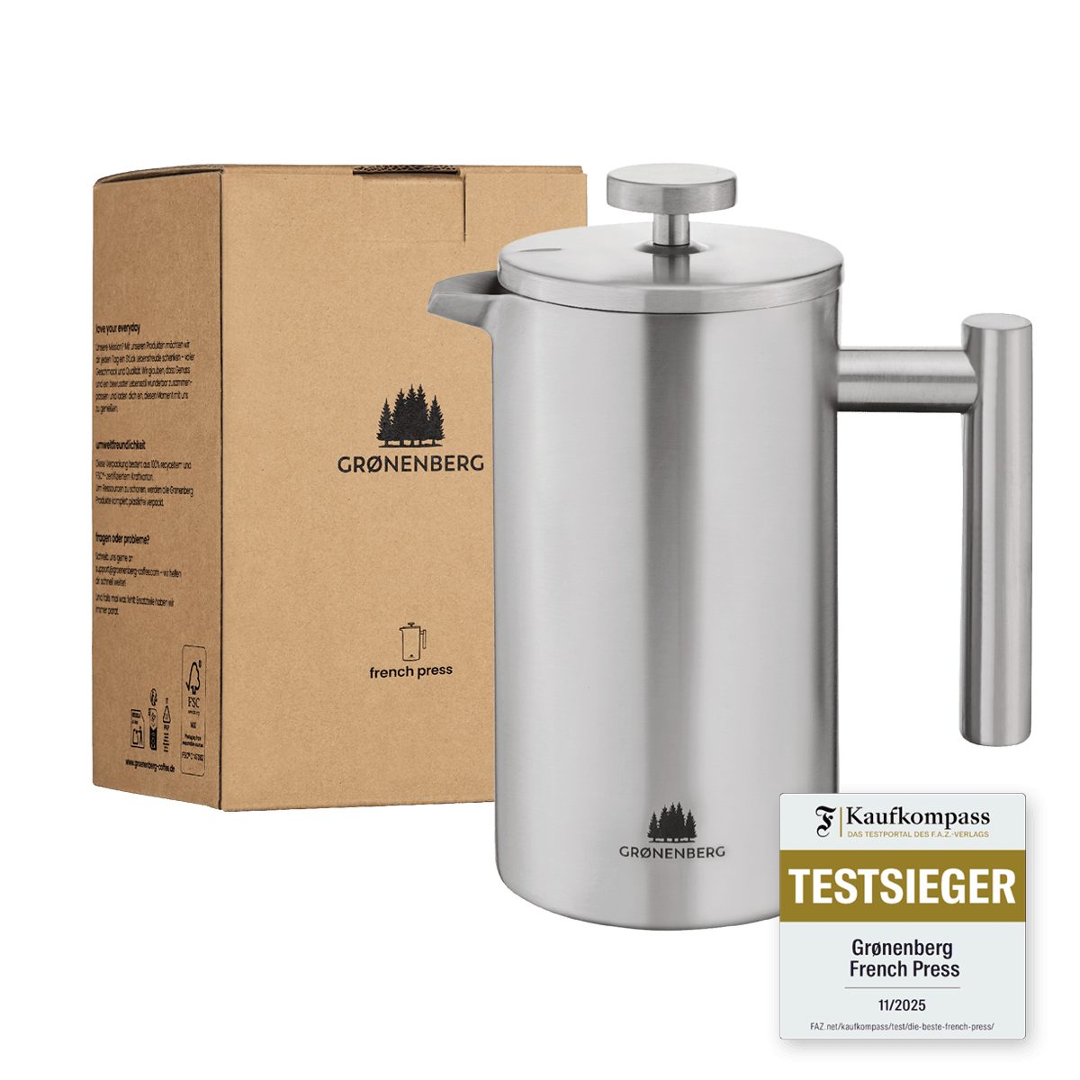 GRØNENBERG French Press Kanne 0,35 - 1 Liter l Edelstahl Kaffeebereiter mit Thermo Effekt, 0.35l Kaffeekanne, Kaffeepresse inkl. 3 Ersatz-Filter