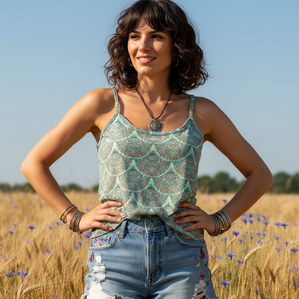 Guru-Shop T-Shirt Kurzes Boho Trägertop, luftiges Saree Top - grün Festival günstig online kaufen