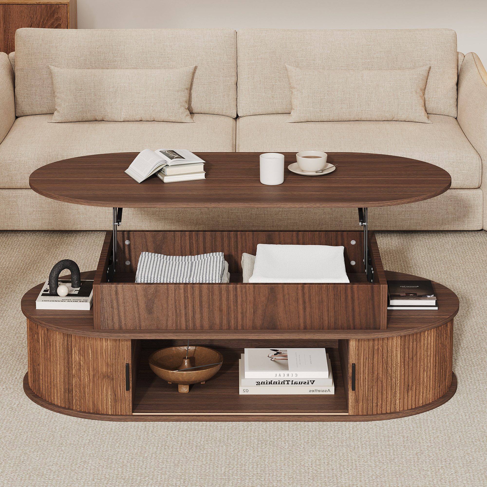 Merax Couchtisch höhenverstellbarer Kaffeetisch ovaler Sofatisch Holzoptik Teetisch (100x50x40 cm, 1-St), Wohnzimmertisch mit 2 …