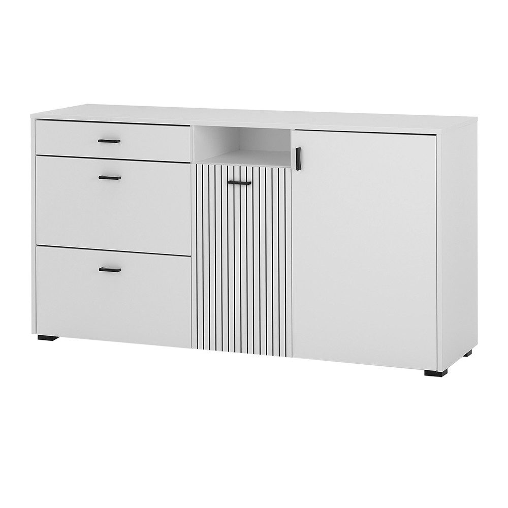 Lomadox Kommode HUNTER-61, weiß matt schwarz gerillt Anrichte Sideboard Schrank 150x79,6x42 cm