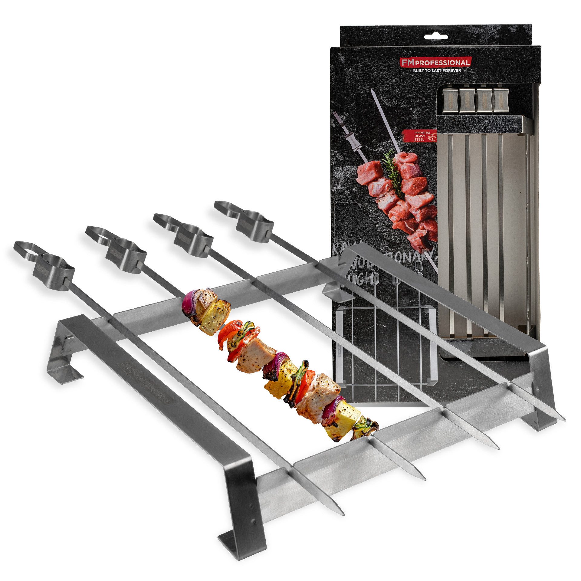 FMprofessional Grillspieß Grill-Spieße mit Halterung aus Edelstahl - Inklusive Abstreifer (Set, 5-St), 4 XXL Spieße mit Halter für den Grill – Zubehör für Schaschlik & Co
