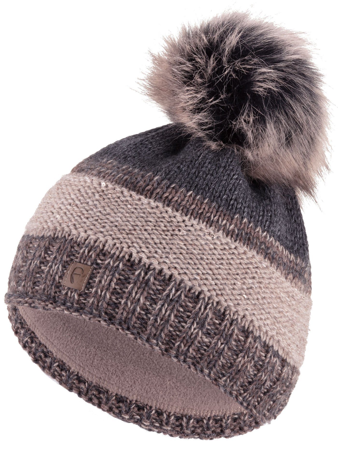 Günstige Originalware Faera Bommelmütze (1-St) Bommelmütze Wintermütze Fleecefutter Beanie gefüttert Grobstrick braun