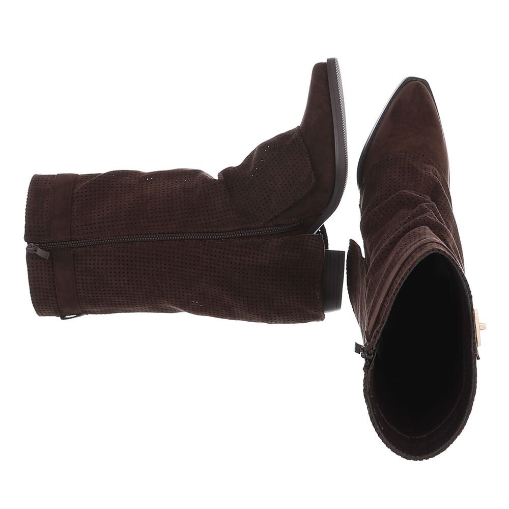 Ital-Design Eleganter perforierter Boot mit Riegelverschluss für Damen Westernstiefel (91261294) Blockabsatz Stiefel in Dunkelbraun