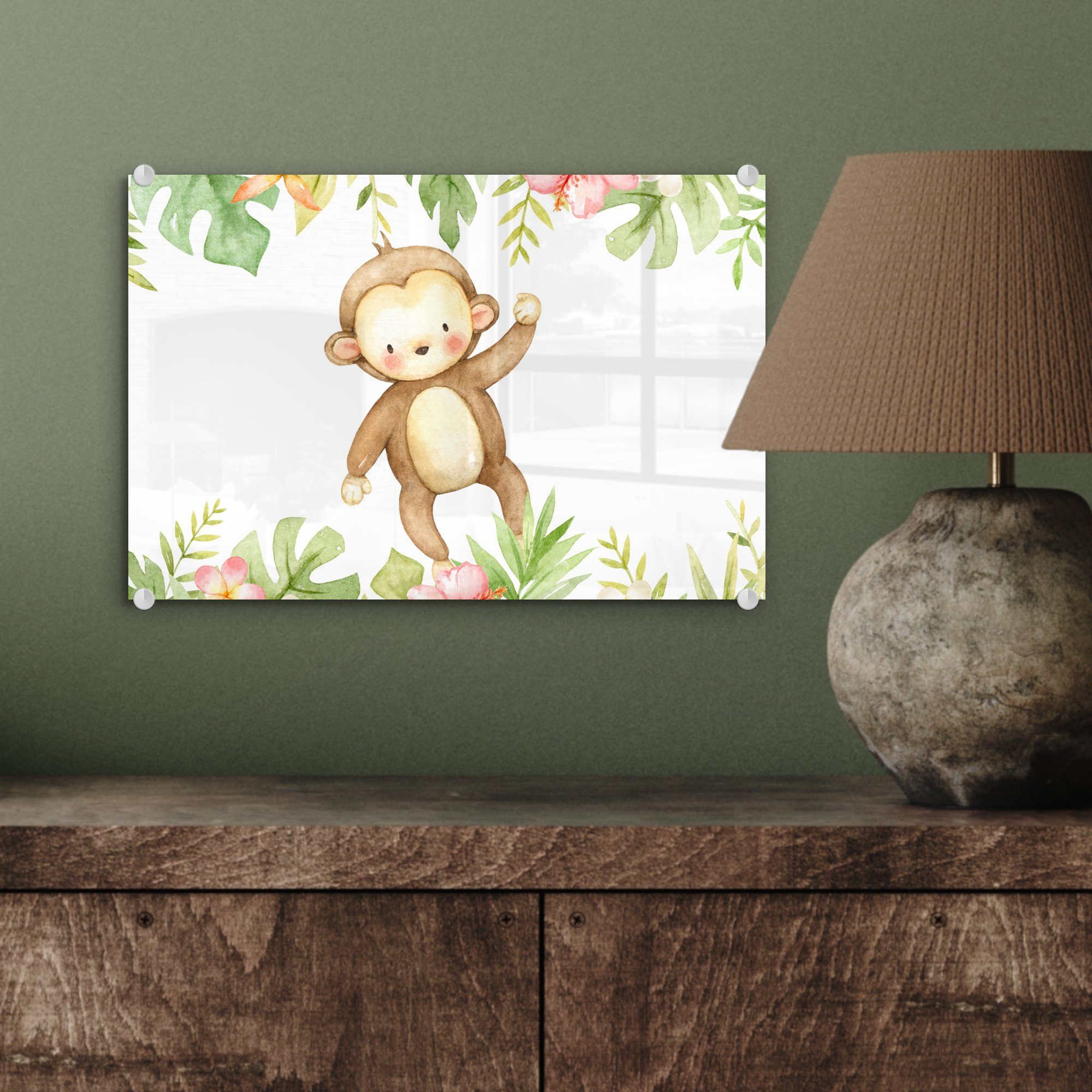 St), Glas auf Affe Bilder Dschungel - Glasbilder MuchoWow - Wanddekoration Aquarell, (1 Acrylglasbild auf - - Glas - Foto Wandbild