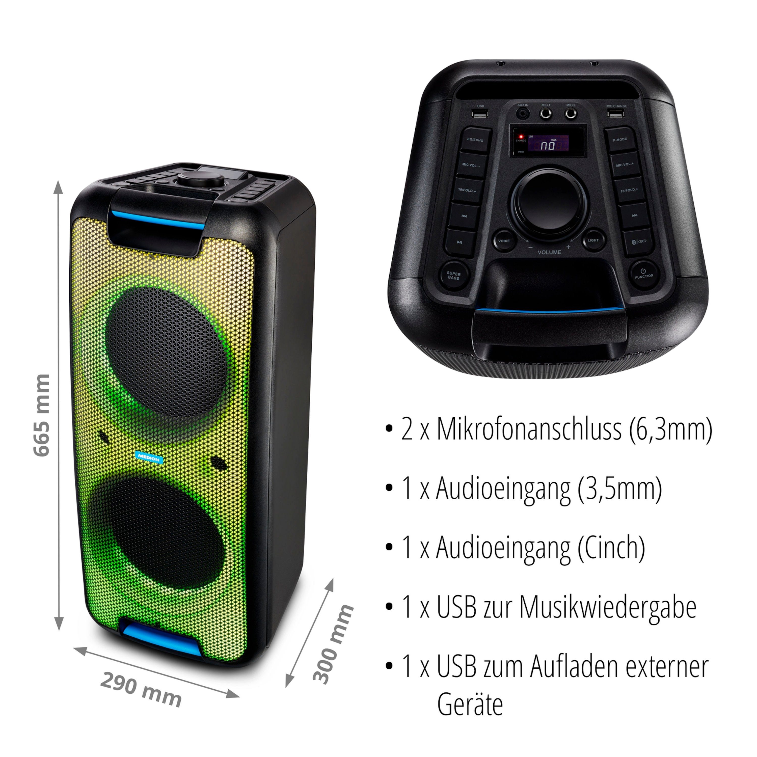 Medion® LIFE® TWS MD44080) W, Bluetooth-Lautsprecher 2x45W (45 RMS Bluetooth®, P61080 Partylautsprecher Lichteffekte