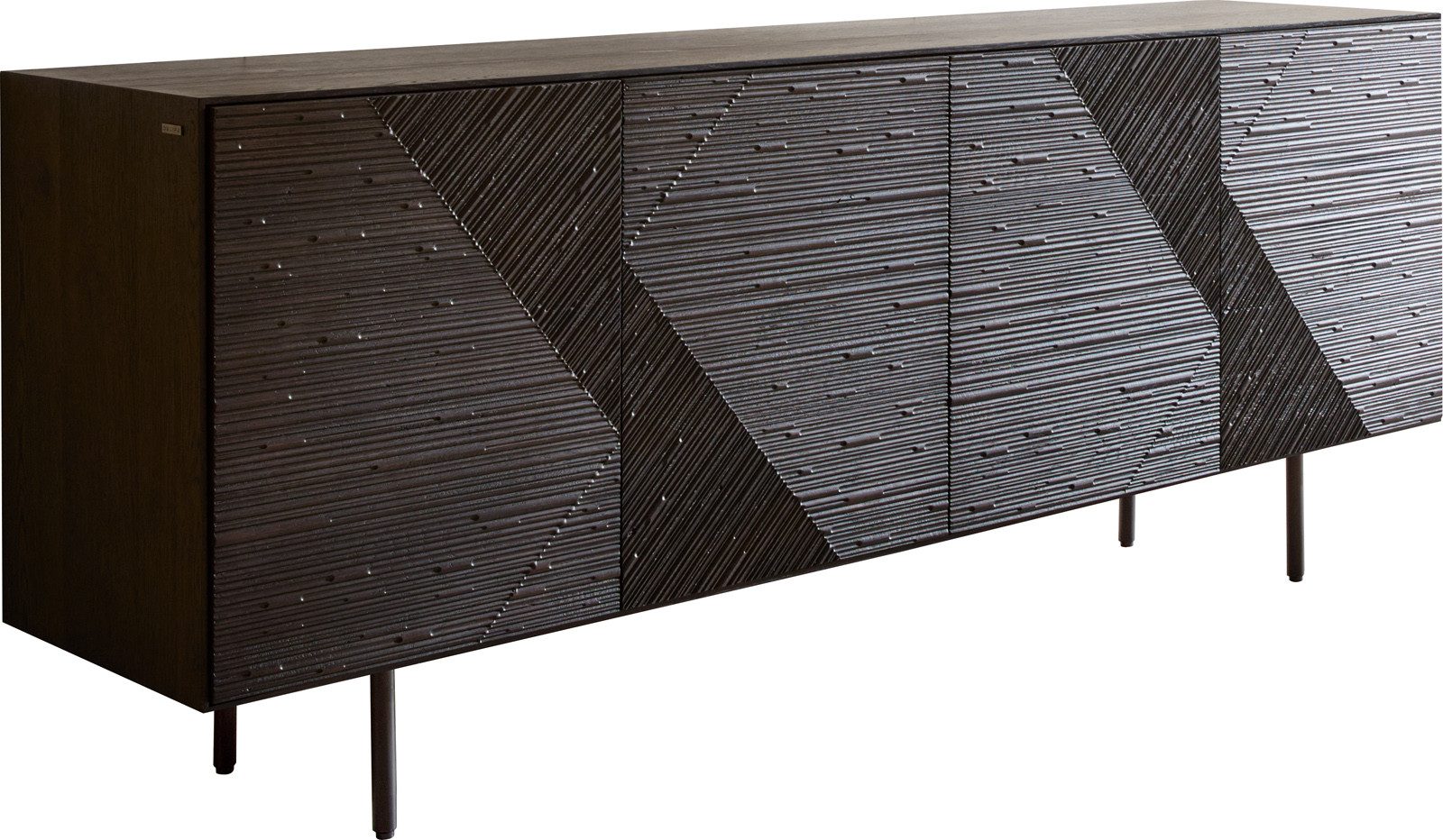 DELIFE Sideboard Tereos, Esche Dunkelbraun 3D Effekt 200 cm 4 Türen Rundfuß Metall Schwarz Side