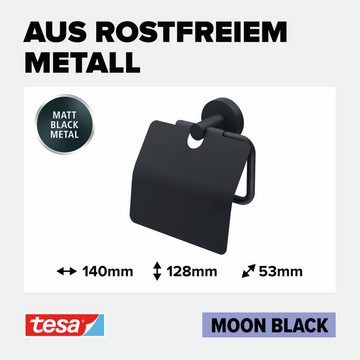 tesa Toilettenpapierhalter 1 x MOON BLACK WC-Papierrollenhalter mit Deckel (Komplett-Set, 2-St., inkl. Klebelösung), schwarz matt - 5,3 cm : 14 cm : 12,8 cm