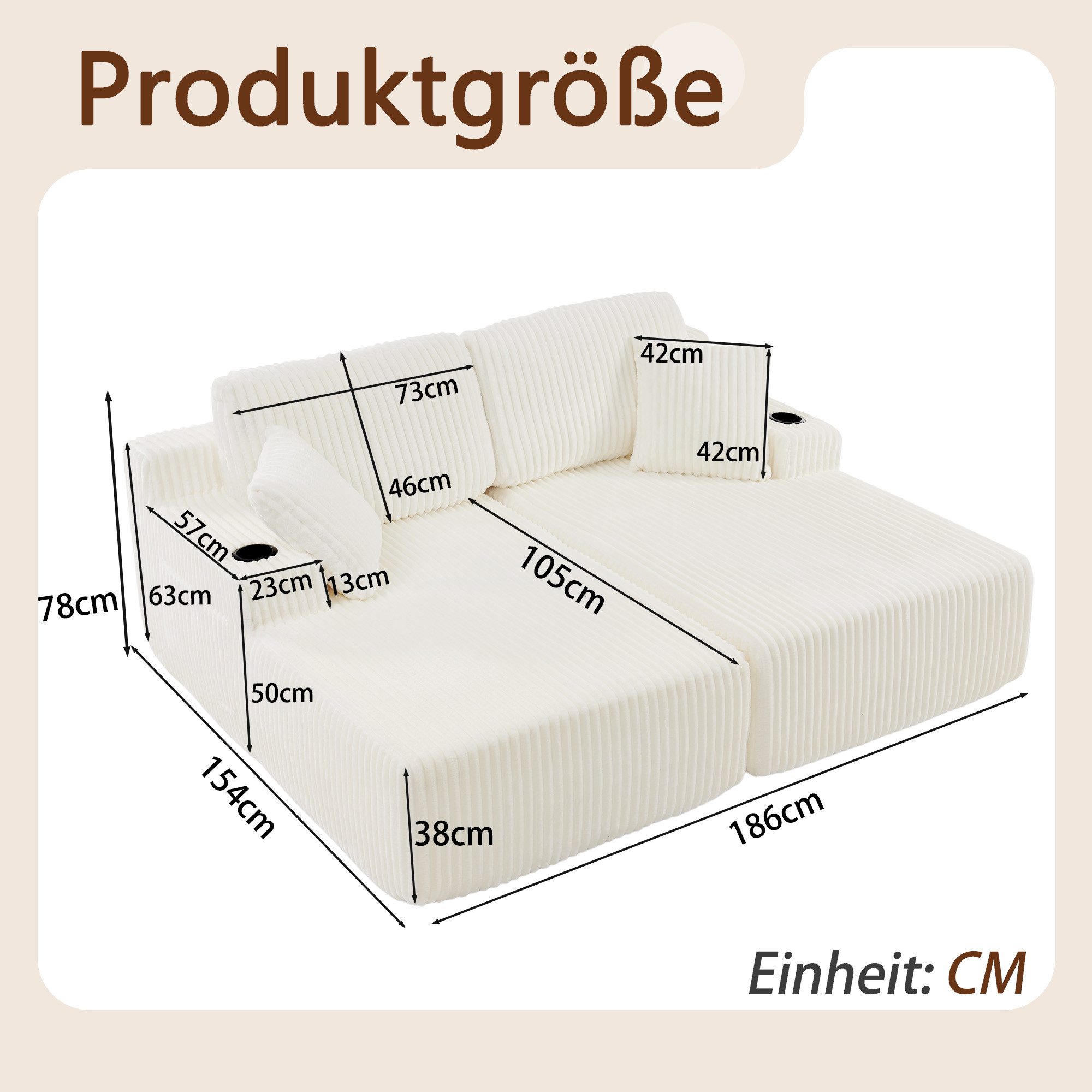 Celya Sofa 2-Sitzer Relax-Schlafsofa, Lounge-Sessel, weich Kordstoff, mit seitlicher Magazintasche, Getränkehalter und Kissen, für Wohnzimmer, Spielzimmer, Arbeitszimmer, Gästezimmer und Wohnung