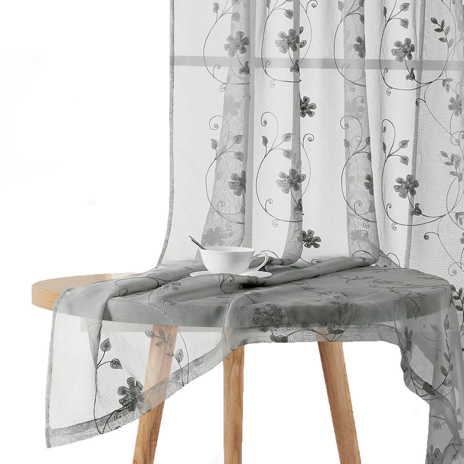 Agger Vorhang Leinen Voile Vorhänge, halbtransparente Blumenvorhänge, Blätter-Stickerei Vorhänge, geeignet für Schlafzimmer und Wohnzimmer