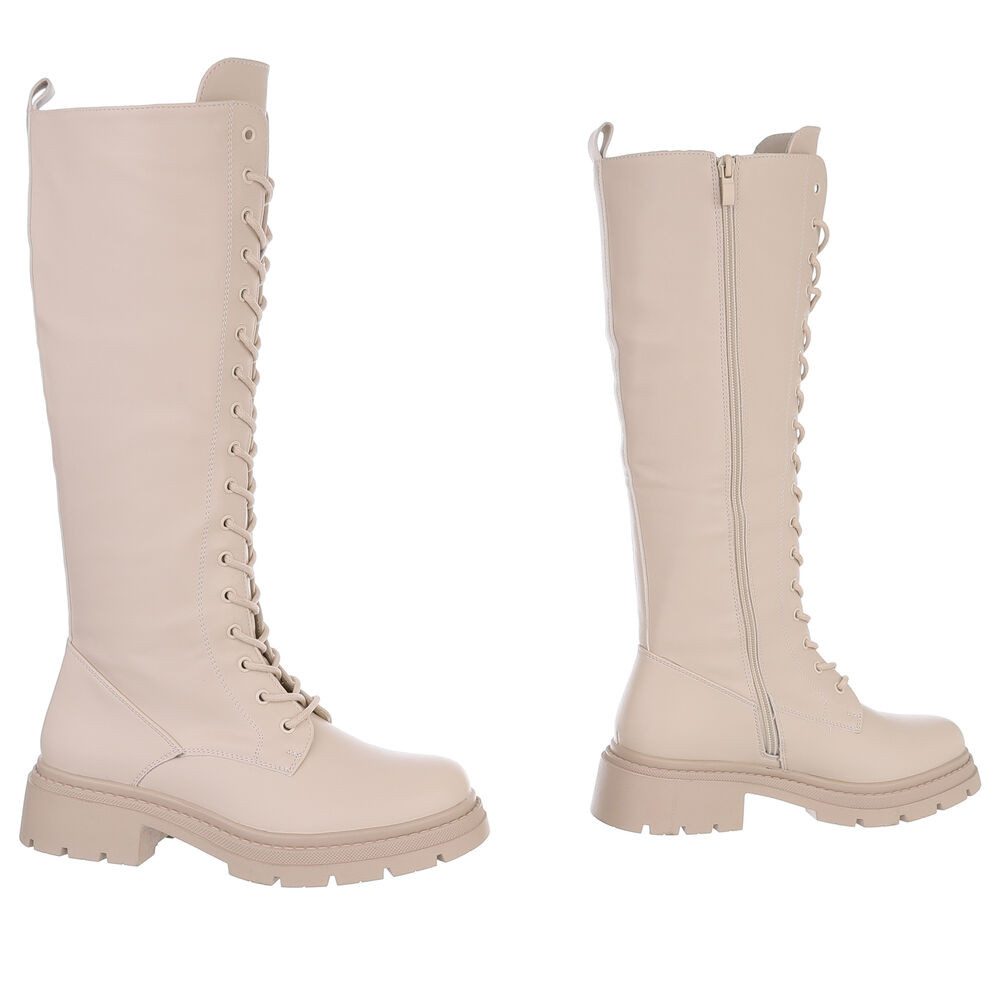 Ital-Design Langer Schnürstiefel für Damen – Komfortabel und stilvoll Plateaustiefel (90109840) Blockabsatz Stiefel in Beige
