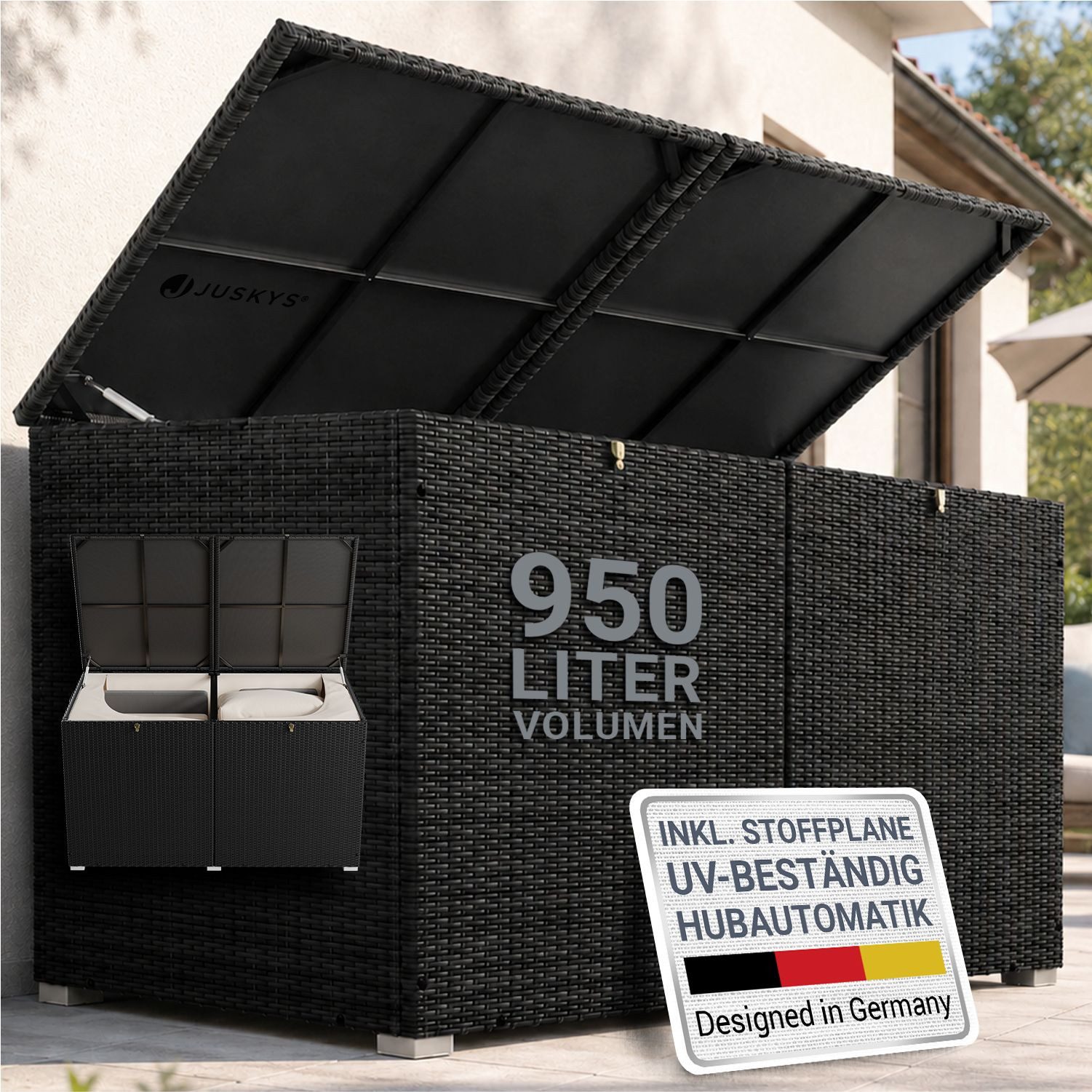 Juskys Auflagenbox Ikaria, aus Polyrattan, mit Deckel, Hubautomatik und Innenplane
