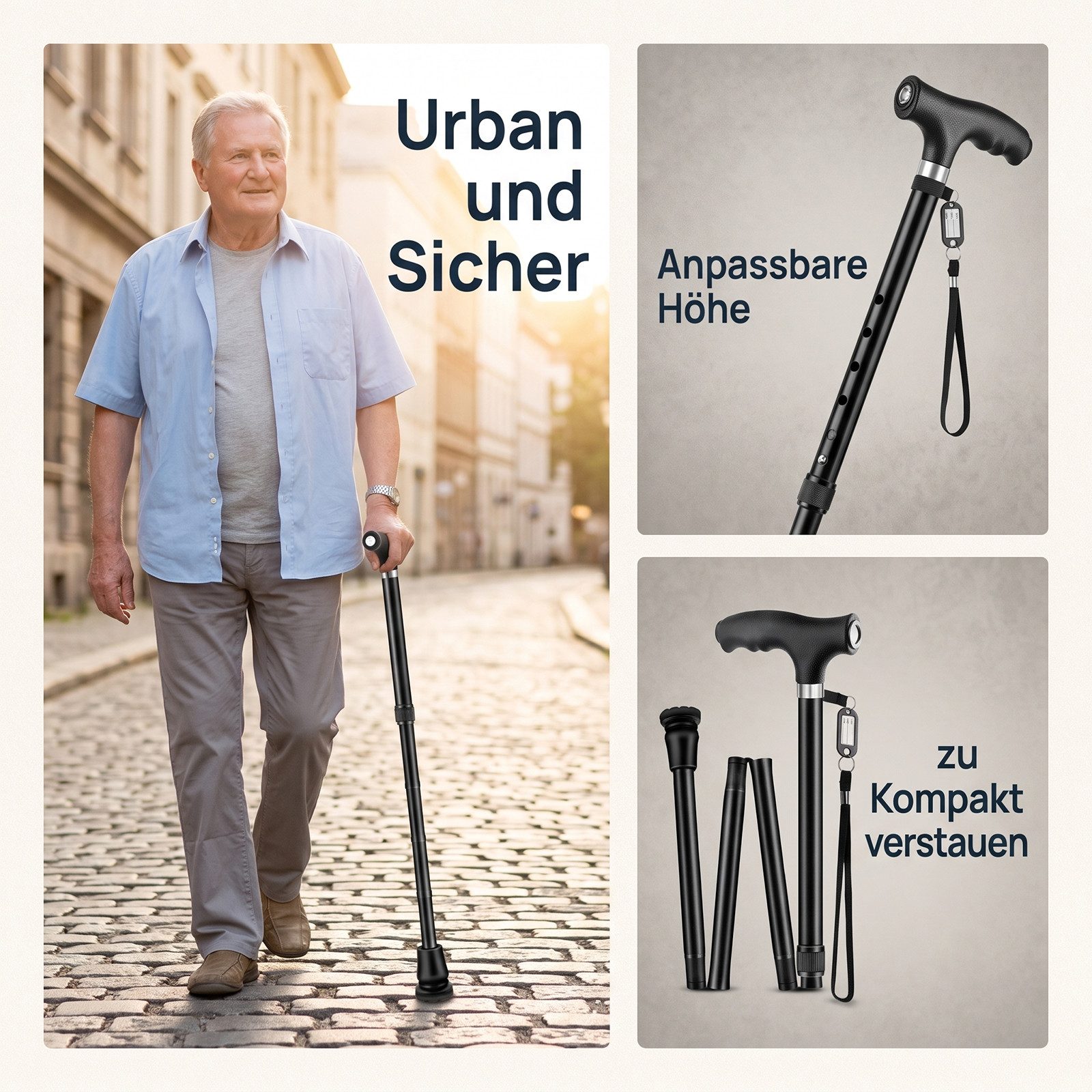 AKKEE Gehstock Faltbarer mit LED-Licht, zusammenklappbarer Gehstock für senioren, einstellbare Höhe 70-90cm, mit Rutschfester Gummibasis
