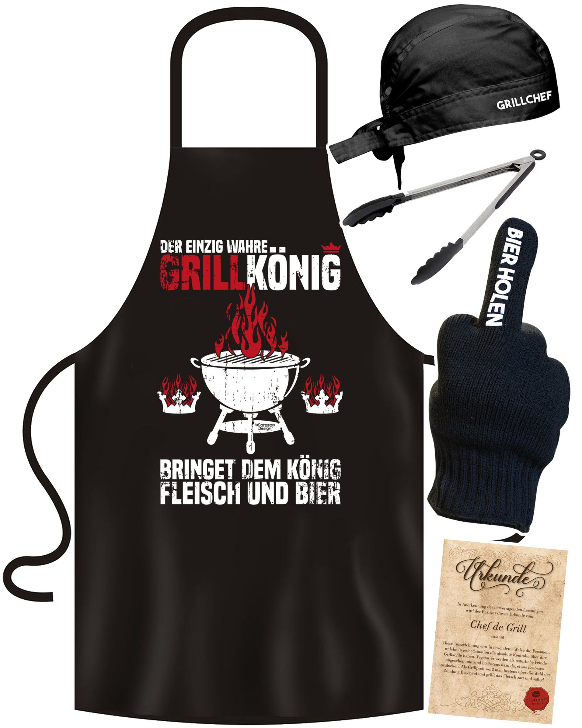 Soreso® Grillschürze Grillschürze für Männer Lustig Grillset Grillkönig, (Spar-Set, Geschenk-Set, 5-teiliges SetSpar-Set, Geschenk-Set, 5-teiliges Set, 1x Grillschürze+ 1x Grillmütze+1x Grillhandschuh+ 1x Zange+ 1x Urkunde), Made in Germany!