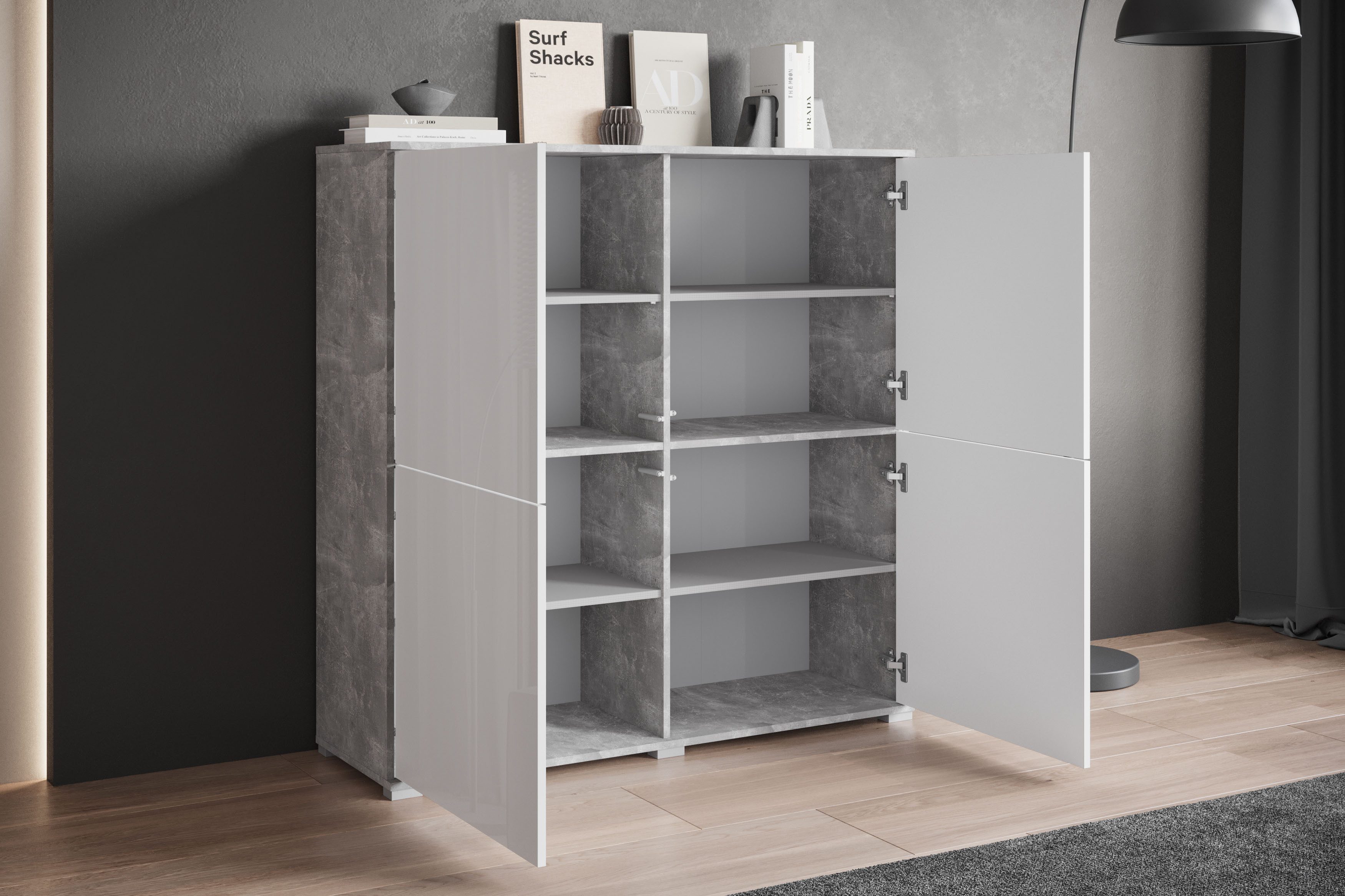 OTTO home Highboard Kenia, moderne grifflose Hochkommode mit 4 Türen, Breite 120 cm (1 St), Push-to-Open-Fronten, höhenverstellbaren Einlegeböden