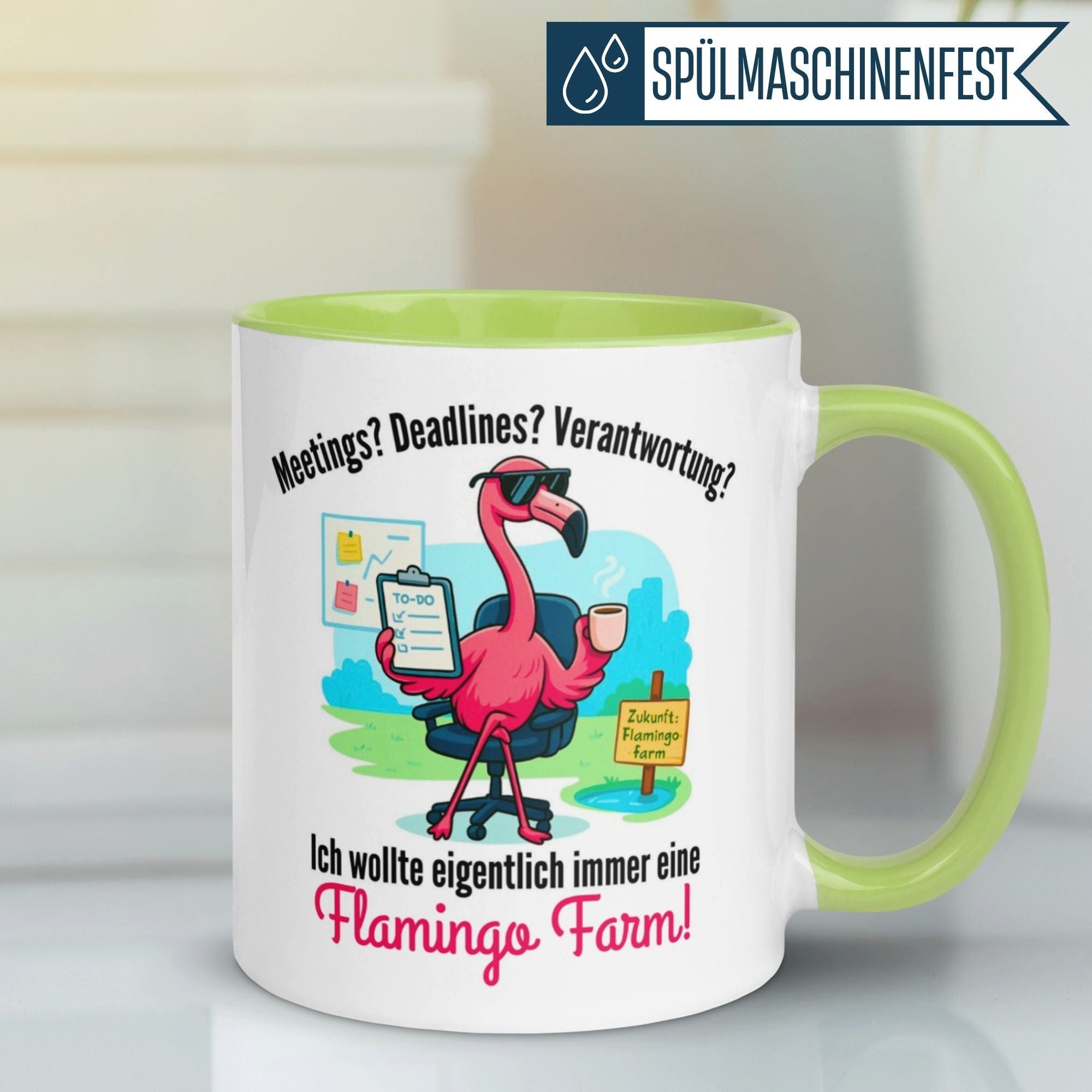 Momentals Tasse Chefin – „Ich wollte immer eine Flamingo Farm“ – Geschenk Beste Chefin, Gratis Versand · Links-&Rechtshänder · Spülmaschinenfest