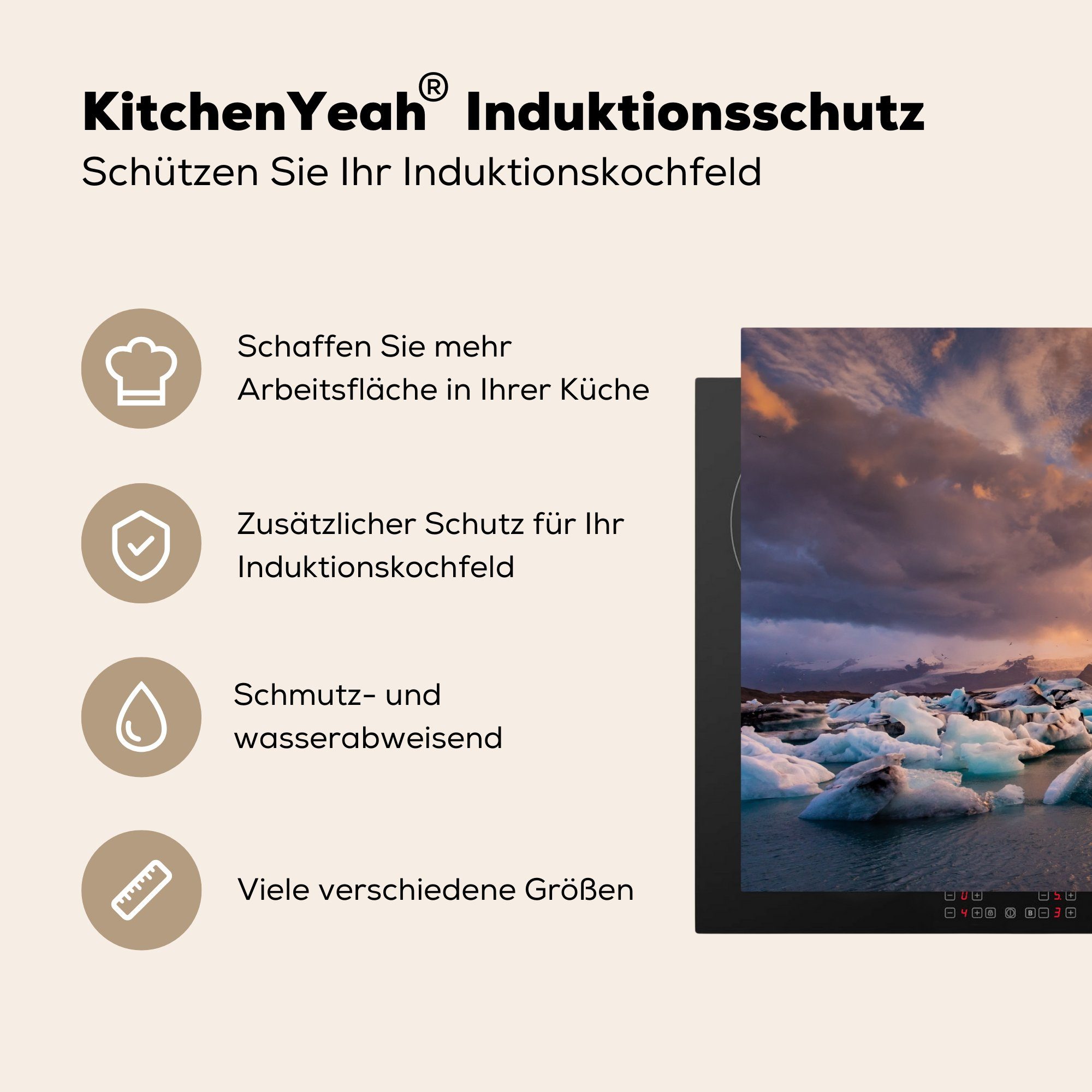 Ceranfeldabdeckung küche, Sonnenuntergang und Induktionskochfeld Eisberge See für Herdblende-/Abdeckplatte Vinyl, tlg), MuchoWow (1 cm, der die Die 81x52 Schutz am Jökulsárlón,