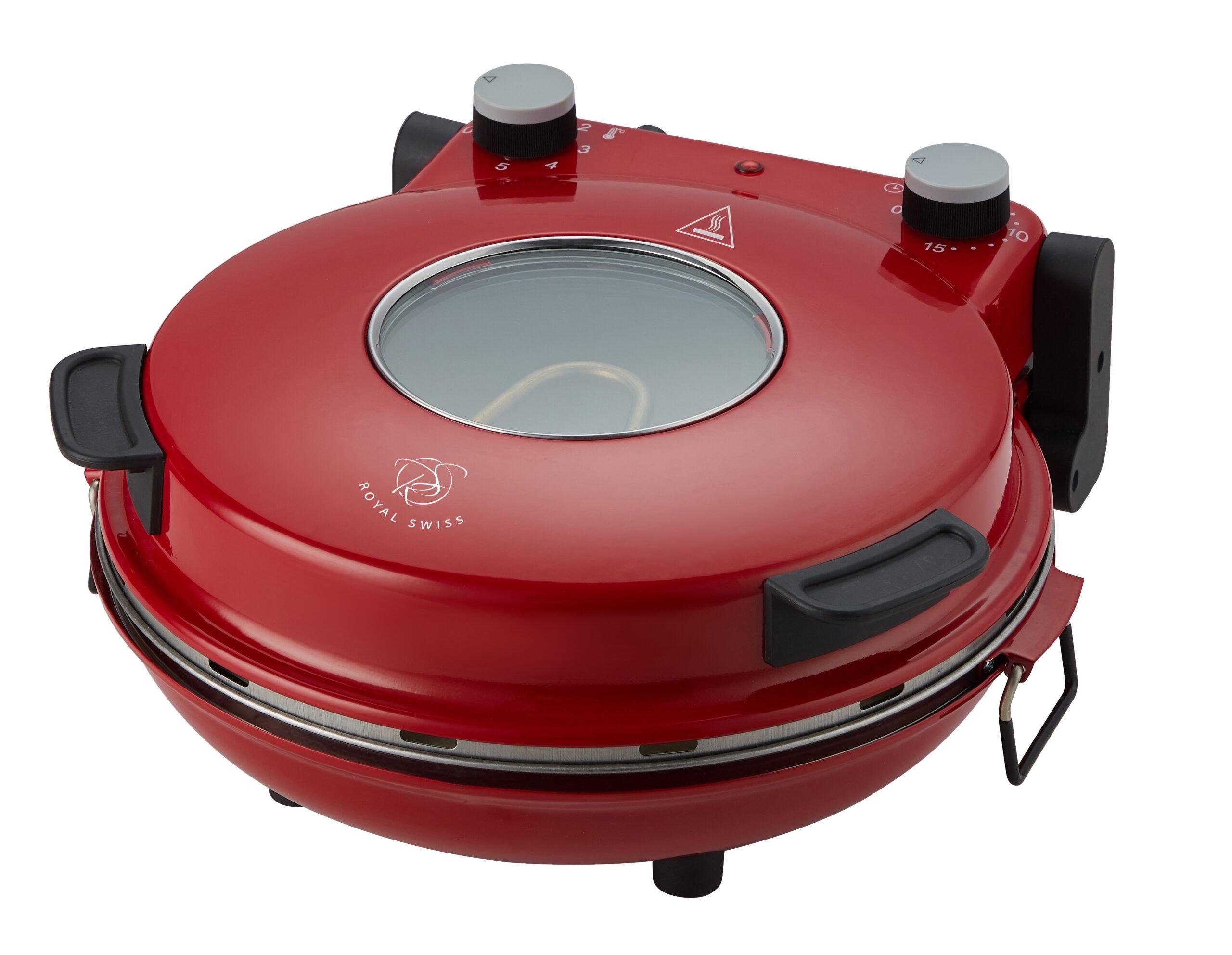 Royal Swiss Elektrische Pizzamaker 1200W Keramiksteinplatte mit Pizzaofen rot 32cm Pizzapfanne, Zubehör