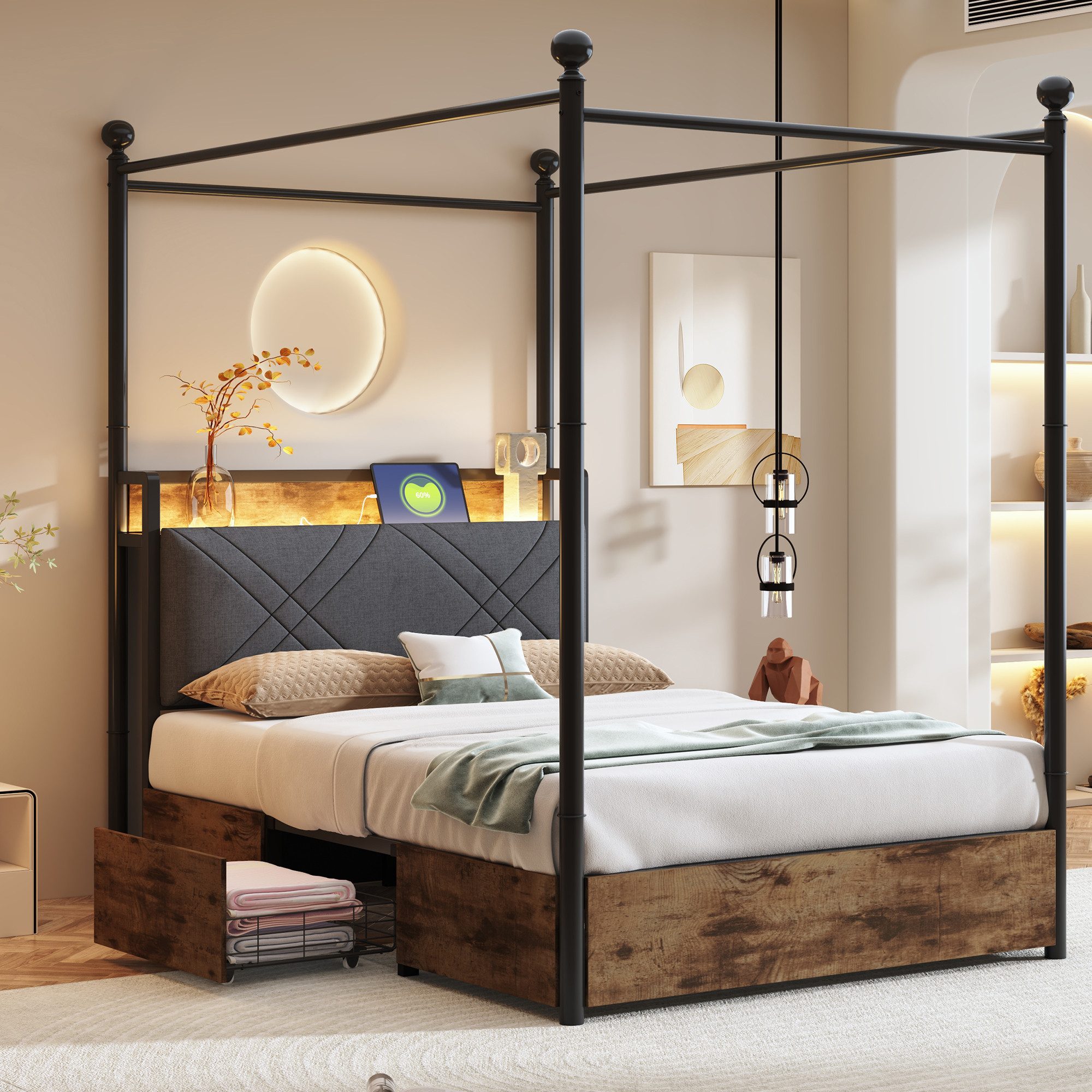 Flieks Himmelbett, Stauraumbett Metallbett 90x190cm mit günstig online kaufen