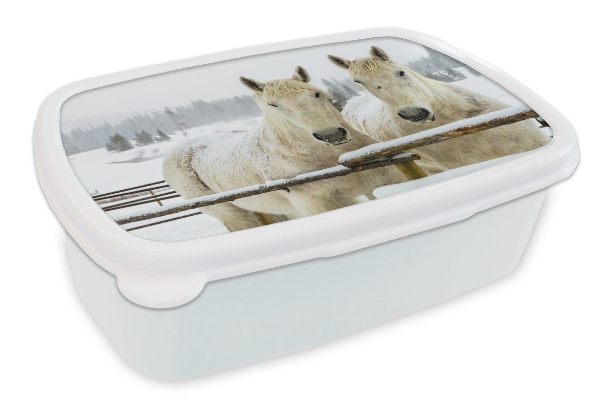 MuchoWow Lunchbox Pferde - Schnee - Zaun, Kunststoff, (2-tlg), Brotbox für Kinder und Erwachsene, Brotdose, für Jungs und Mädchen weiß