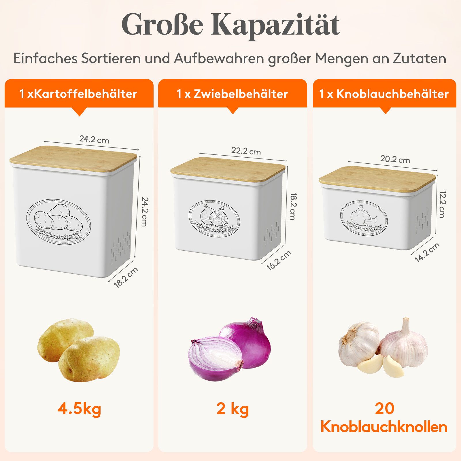 Lifewit Frischhaltedose Kartoffel Aufbewahrungsbox Kunststoff stapelbar, Frische Belüftung., Kunststoff, (Set, 3-tlg., 3-tlg,1 Kartoffel/1 Zwiebel/1 Knoblauch Vorratsdose), Wiederverwendbar