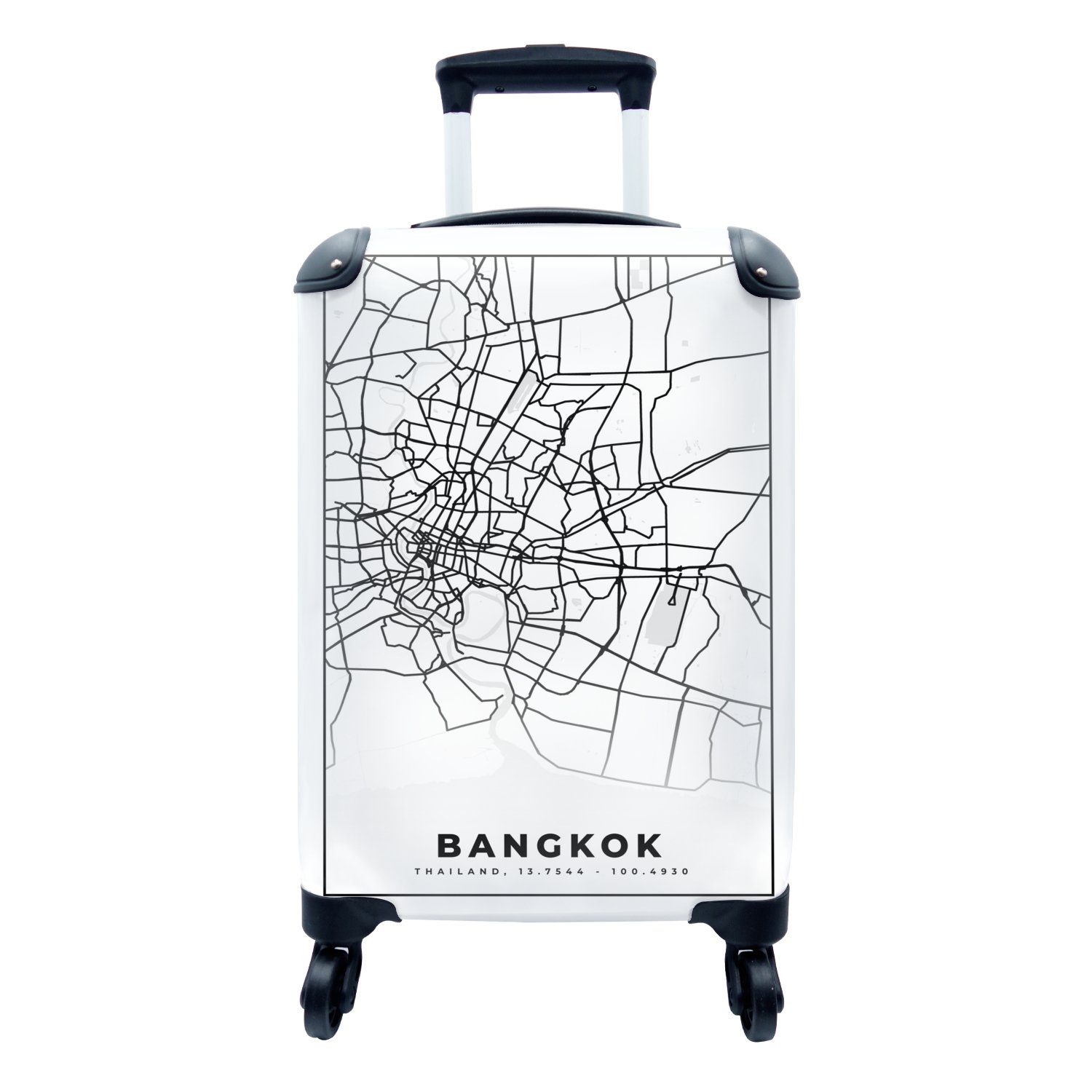 MuchoWow Handgepäckkoffer Bangkok - Schwarz und weiß - Karte - Stadtplan, 4 Rollen, Reisetasche mit rollen, Handgepäck für Ferien, Trolley, Reisekoffer
