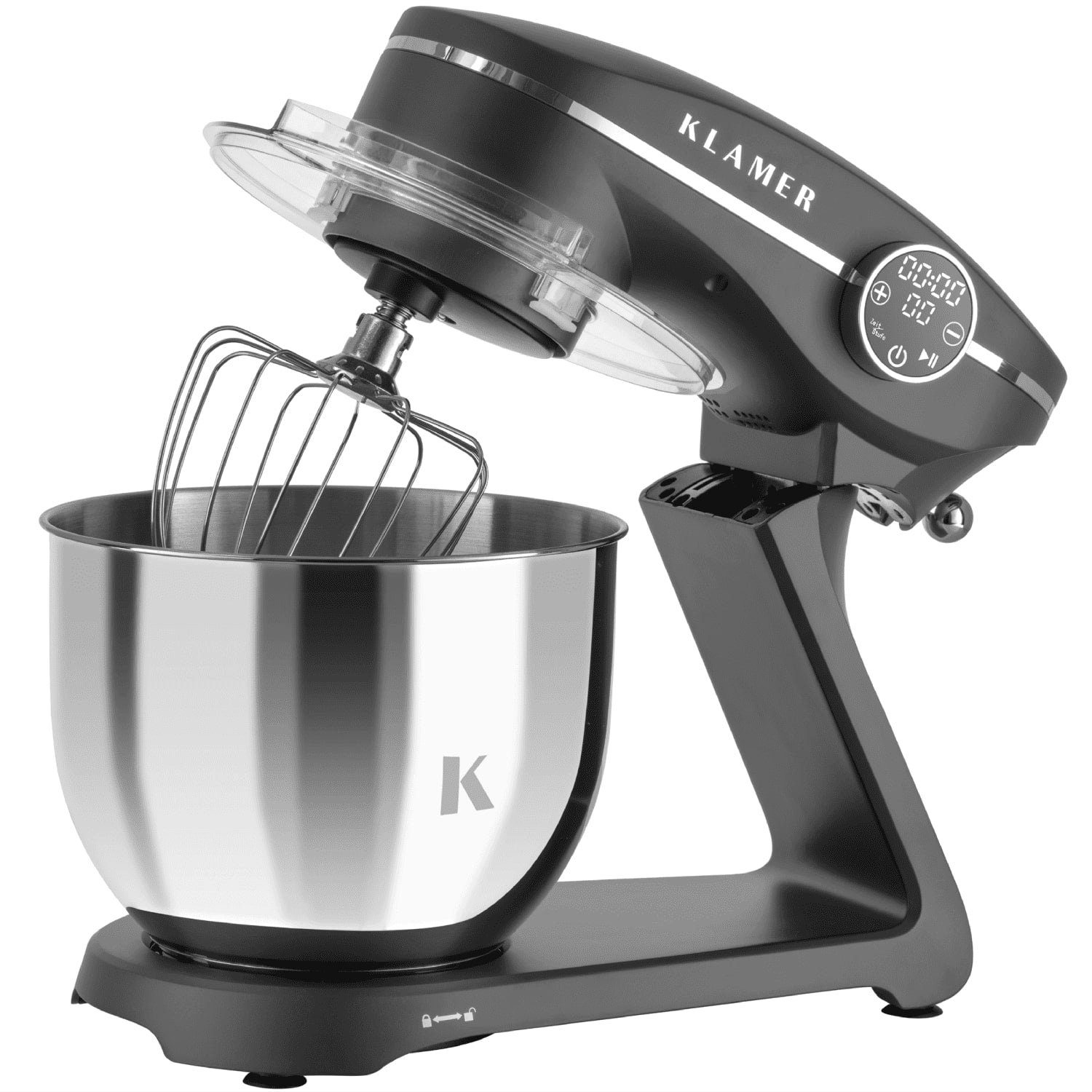 KLAMER Küchenmaschine 1800W, 6L Edelstahl-Schüssel, Knetmaschine mit 10 Geschwindigkeiten & Timer, grau, 1800 W, 6 l Schüssel, Spritzschutz, 3 Werkzeuge, Saugfüße, digitales Display, Timer