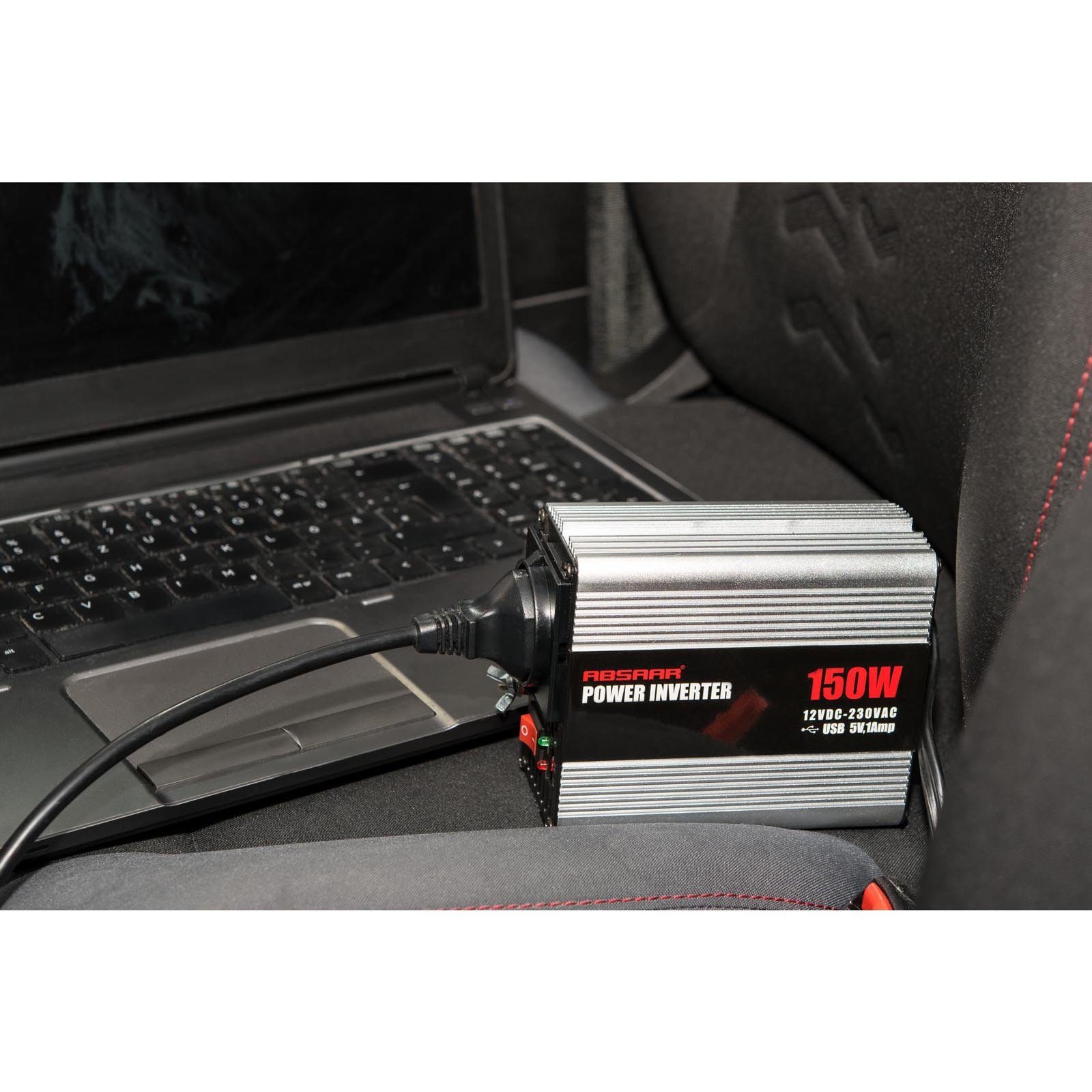 Absaar Spannungswandler Auto KFZ Stromumwandler Zigarettenanzünder Wechselrichter Inverter, Steckdose mit USB 12 V zu 230 V 150 Watt
