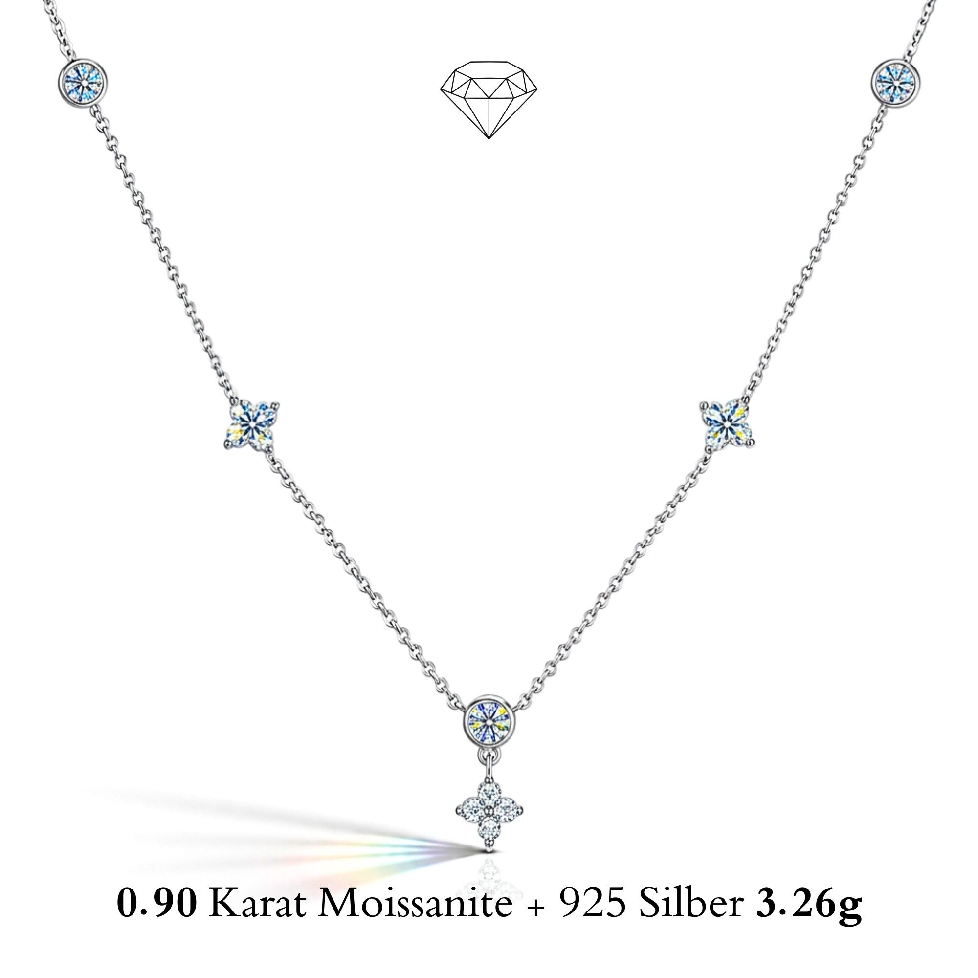 UNIQAL.de Silberkette VELVET BLOSSOM 925 Sterling Silber Moissanit Diamant Look 0,90 Karat (florales Clover Design, weißgold veredelt oder 14K vergoldet, inkl. Luxuriöse Schmuck Geschenkbox), Moissanit VVS1 Reinheit, GRA-Zertifikat, elegante Halskette für Damen