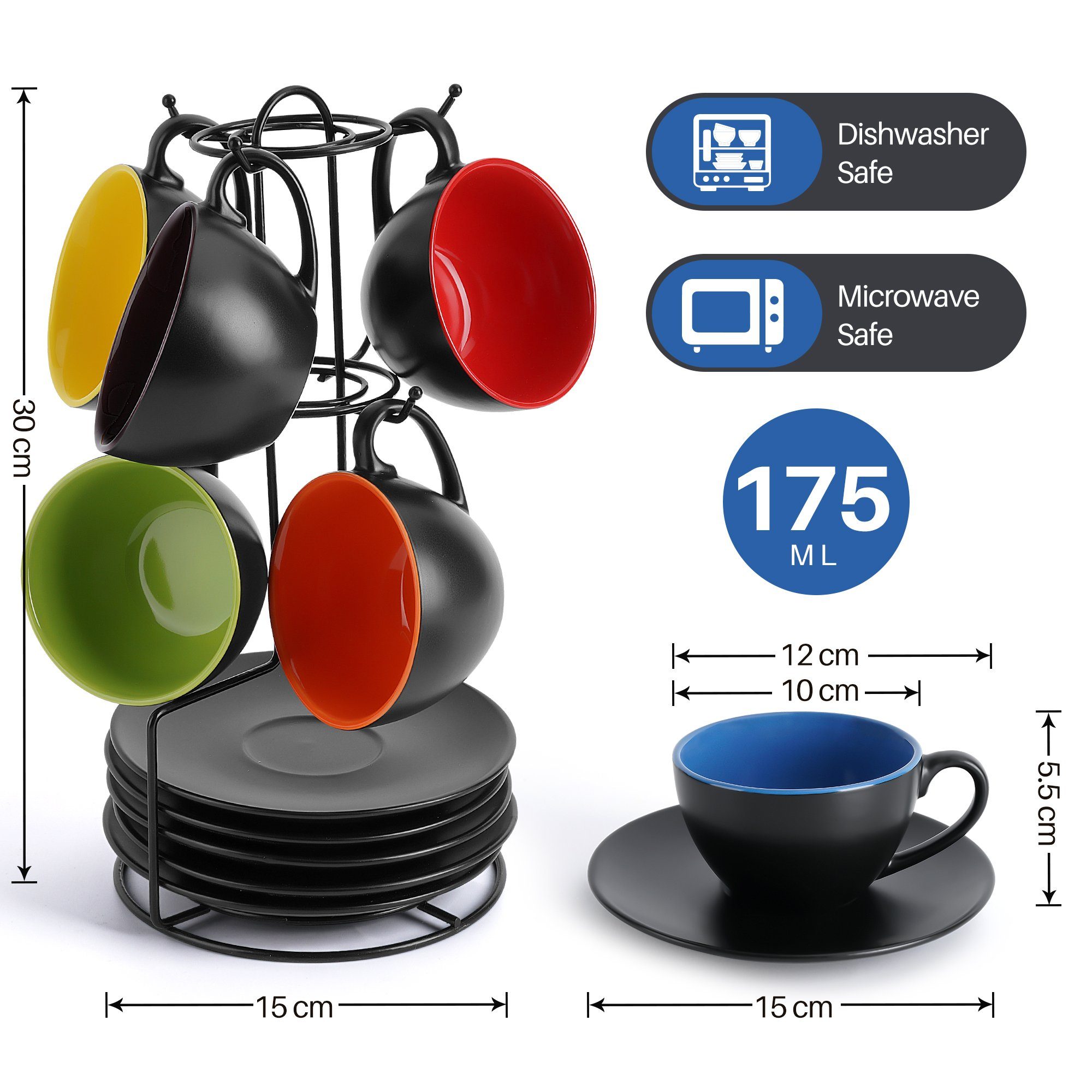 MiaMio Cappuccinotasse 6 x 175ml Cappuccino Tassen / Cappuccinotassen Set Innen Farbig