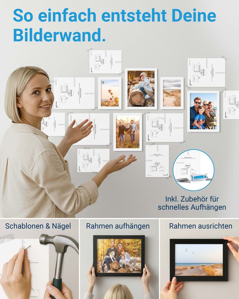 PHOTOLINI Bilderrahmen Sets in verschiedenen Formaten, MDF Holz, Acrylglas & Zubehör
