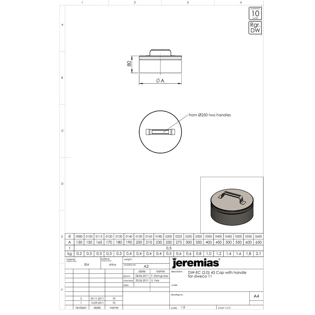 Jeremias Schornstein DW-ECO 2.0 Ø 180 mm - Verschlussdeckel mit Handgriff für DWECO11, Ø 180 mm
