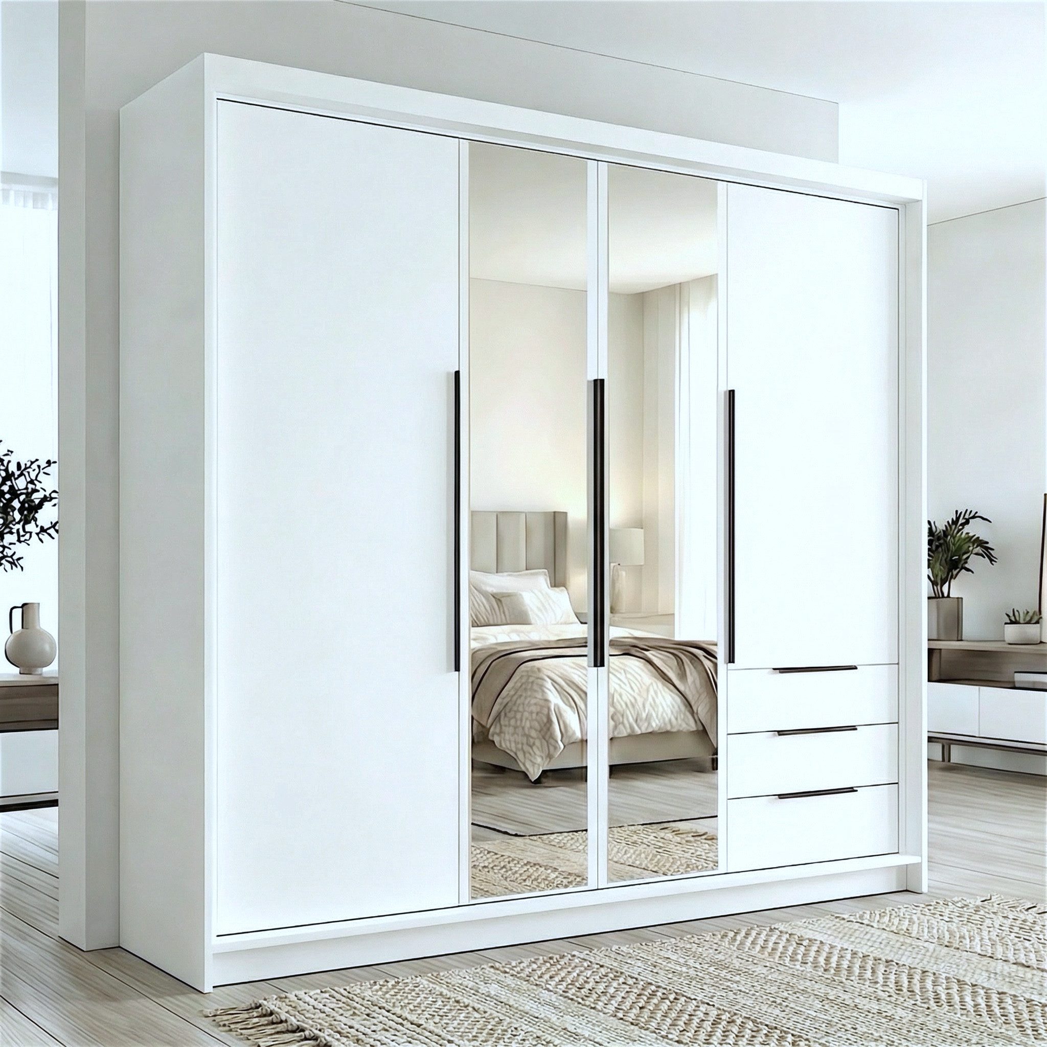 A&J MöbelLand GmbH Drehtürenschrank VIVO mit integrierten Schubladen (Geräumiger vier¬türiger Kleiderschrank mit Schubladen und Metallgriffen. Geräumiger Schrank mit einer Breite von 200 cm und Schubladen, ideal zur Aufbewahrung von Kleidung und Accessoires. Viel Stauraum. TOP PRODUKT! Wählen Sie das ideale Modell für Ihr Schlafzimmer!, TOP ANGEBOT) Breite: 200 cm, Höhe: 215 cm, Tiefe: 59,5 cm