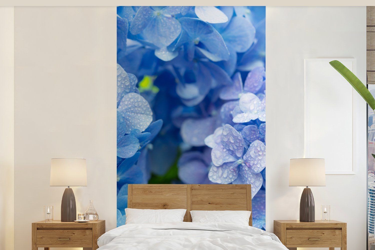 MuchoWow Fototapete Hortensie - Wassertropfen - Floral - Botanisch - Blau, Matt, bedruckt, (2 St), Vliestapete für Wohnzimmer Schlafzimmer Küche, Fototapete