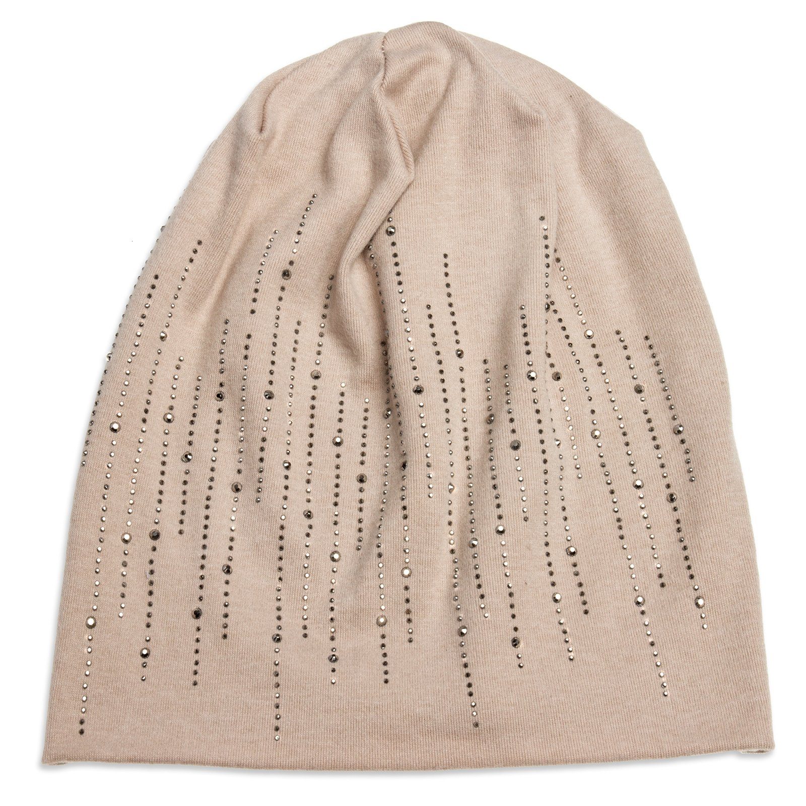 stylischen Mütze MU142 Streifen beige Stoff mit Flanell Beanie Strass Caspar und warmem Beanie