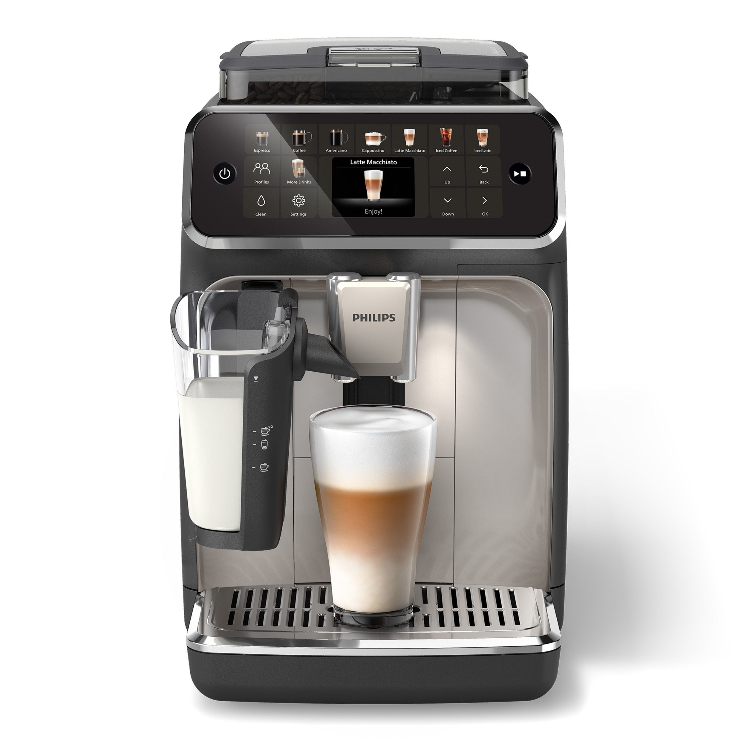 Philips Kaffeevollautomat EP5547/90 5500 Series, 20 Kaffeespezialitäten (heiß oder eisgekühlt), Schwarz verchromt, LatteGo-Milchsystem, SilentBrew Technologie
