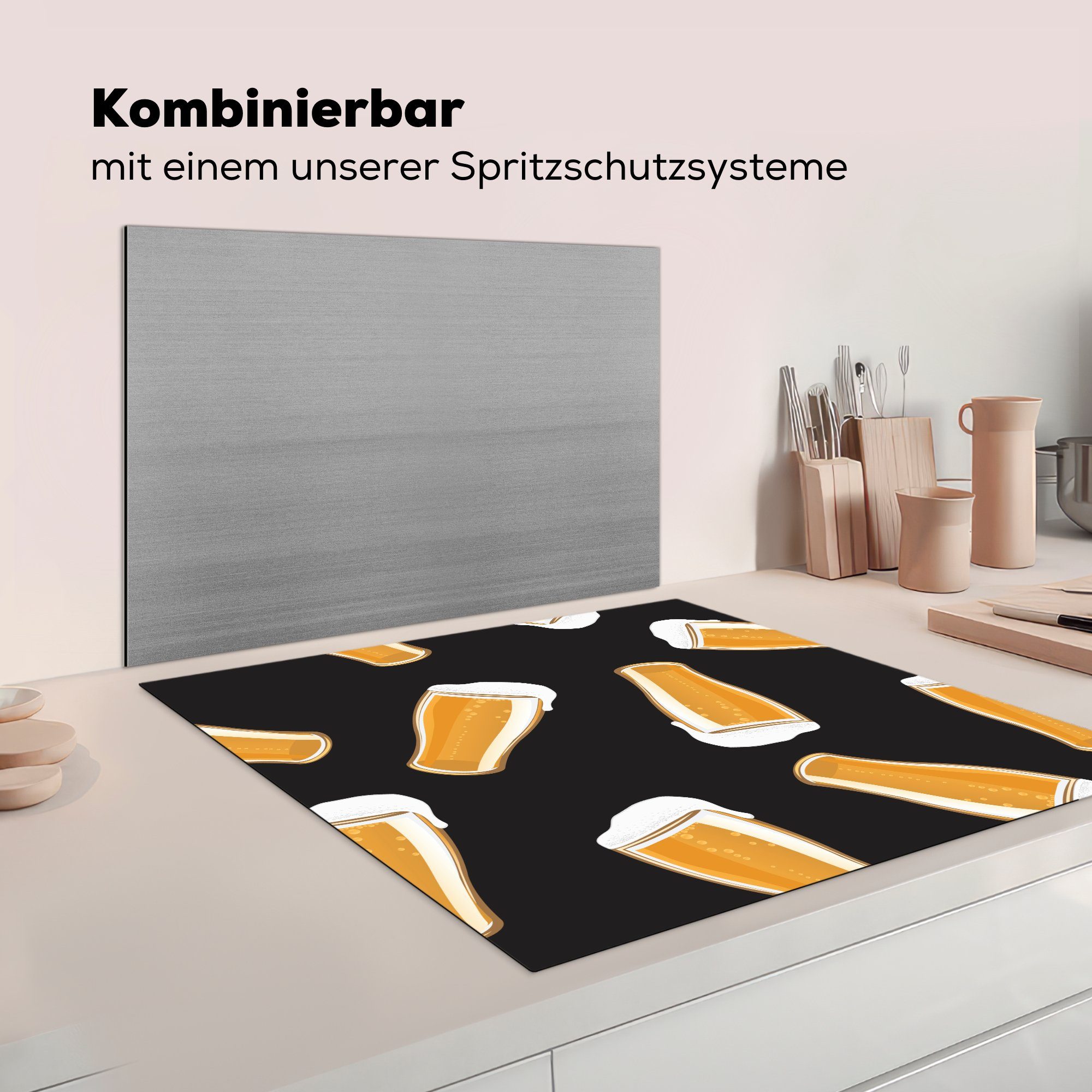 - für Vinyl, küche MuchoWow Schwarz, - Arbeitsplatte tlg), Herdblende-/Abdeckplatte Bier cm, 78x78 (1 Gläser Ceranfeldabdeckung,