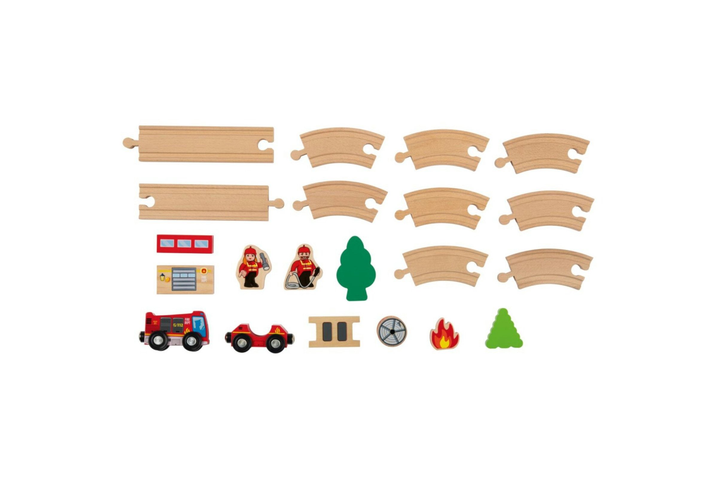 Playtive Spielzeugeisenbahn-Set Bahnset 18-tlg. Holzspielzeug Bahnset Feuerwehr, (Spielset, 18-tlg., mehrteiliges Spielset), Holzeisenbahn mit Themenwelt und Zubehör