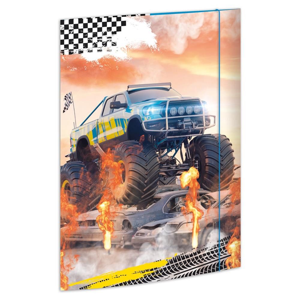 RNK Verlag Organisationsmappe Zeichenmappe Monster Truck DIN A3 aus Karton mit Gummizugverschluss, 3 Einschlagklappen, Gummizug, stabiler Karton, beidseitiger Druck
