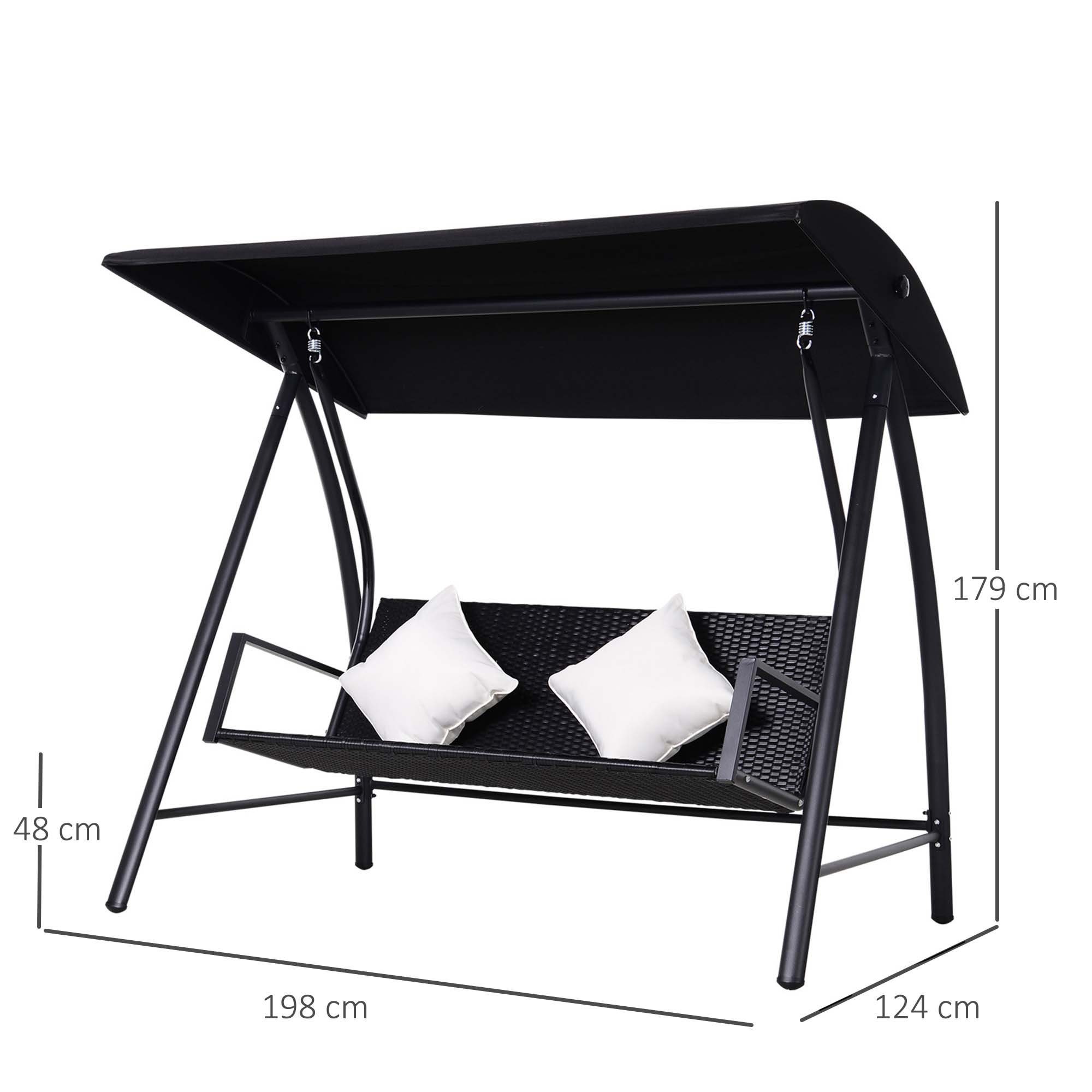 Outsunny Hollywoodschaukel Polyrattan mit Kissen belastbar bis 360kg, 3-Sitzer, Bettfunktion, Rattenschaukel, 1 tlg., Schaukel, Metall Schwarz 198B x 124T x 179H cm