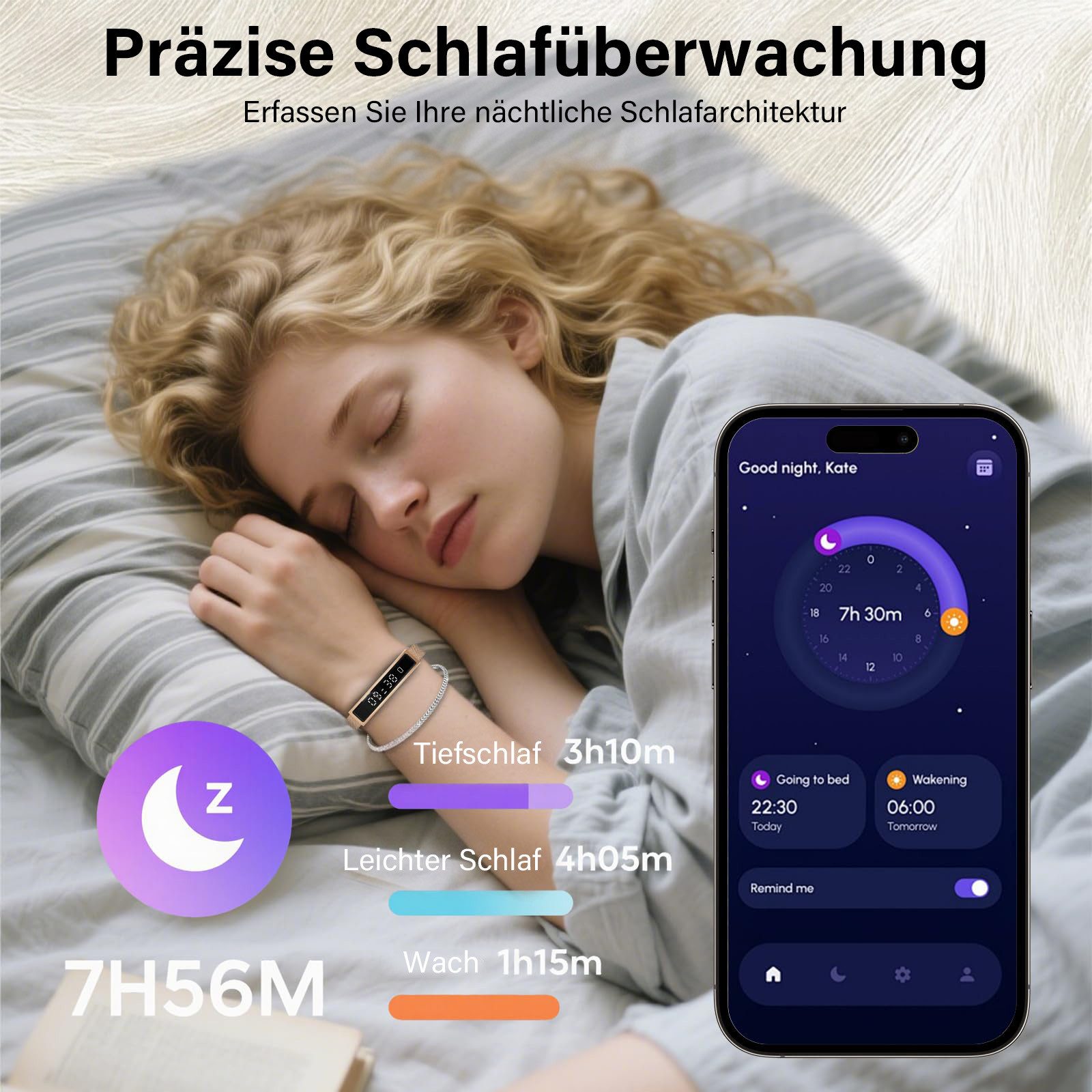 MOPUEA Fitness-Tracker Fitness Tracker Armband Herzfrequenz Schlafanalyse 12 Sportmodi (Fitnessarmband Set mit Wechselarmbändern, Smartband mit Metall Mesh und  – Bild 5 von 5