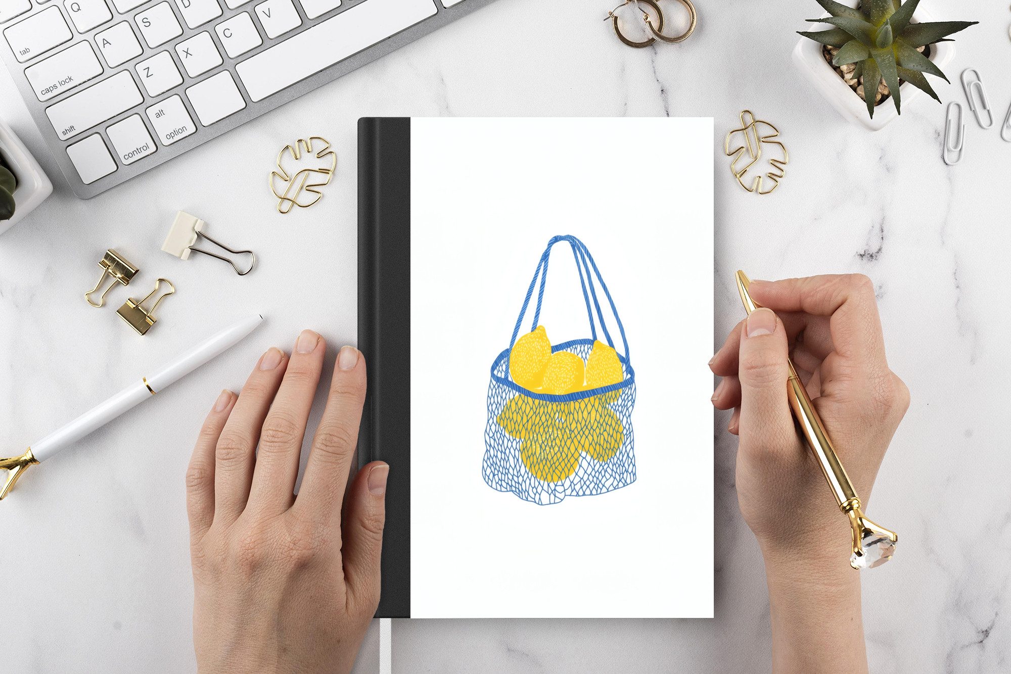 MuchoWow Notizbuch Tasche - Blau - Zitronen - Illustration, Notebook, Notizblock a5, Tagebuch, Journal Liniert