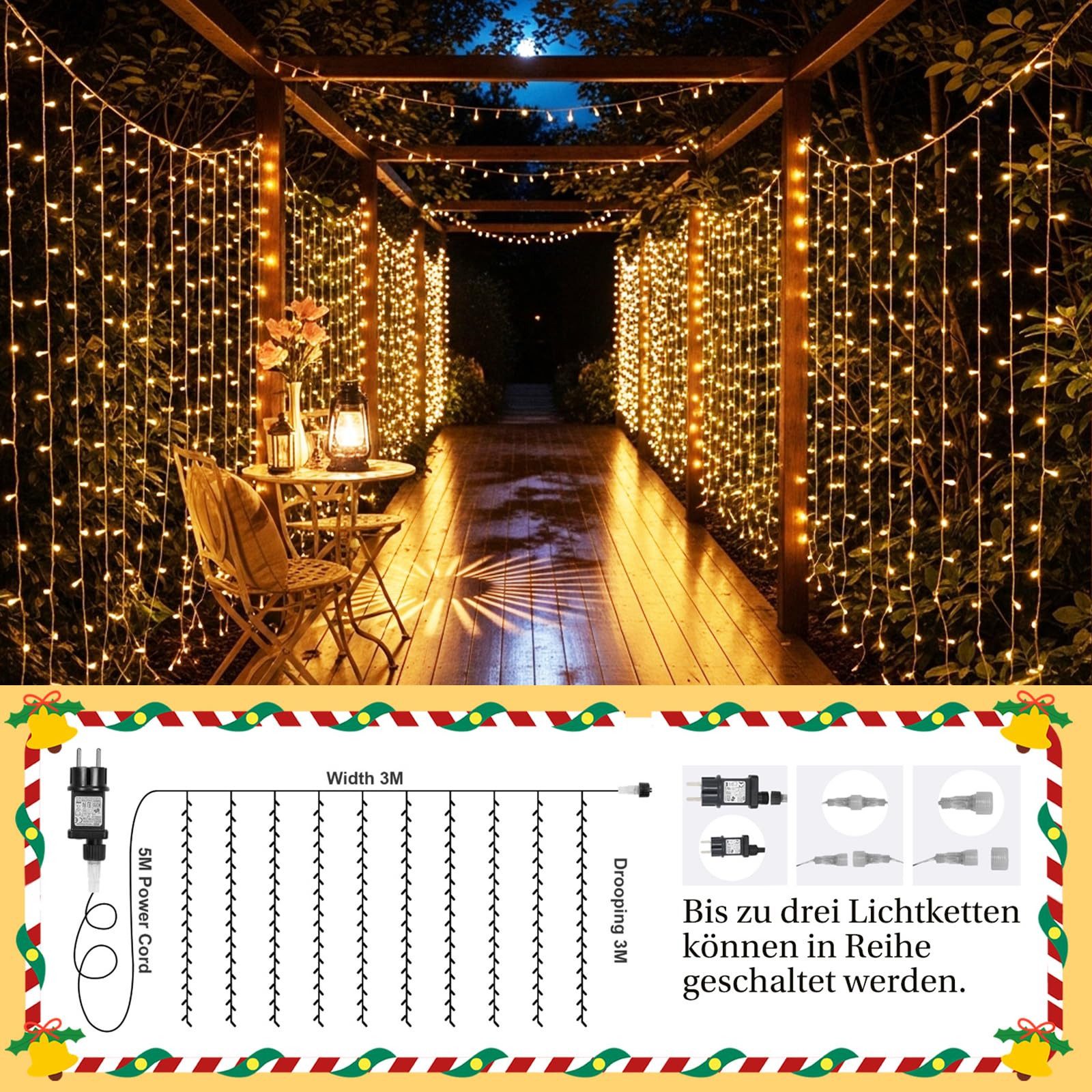 Rosnek LED-Lichterkette 3x3M, 10 Stränge, Speicherfunktion, Timer, für Vorhang Fenster Deko, 300-flammig, 8 Modi, Timer, für Schlafzimmer Weihnachten Terrasse