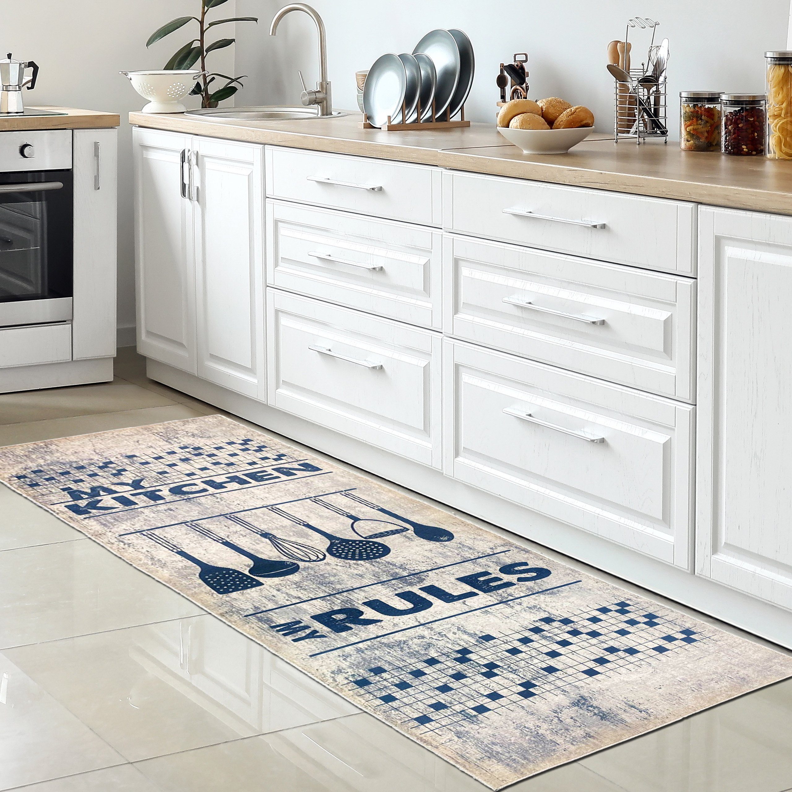 Kochutensilien mit waschbar Küchenläufer mm Schriftzug, 5 Carpetia, Teppich Höhe: rechteckig, und Teppich