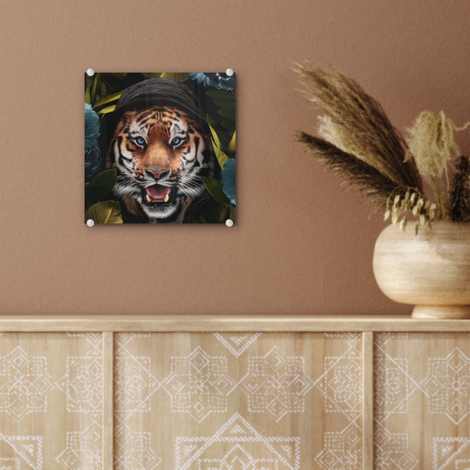 MuchoWow Acrylglasbild Tiger Bilder auf - Foto St), (1 Glas - Blumen Wandbild Glasbilder - Wanddekoration - Blau, Glas - auf