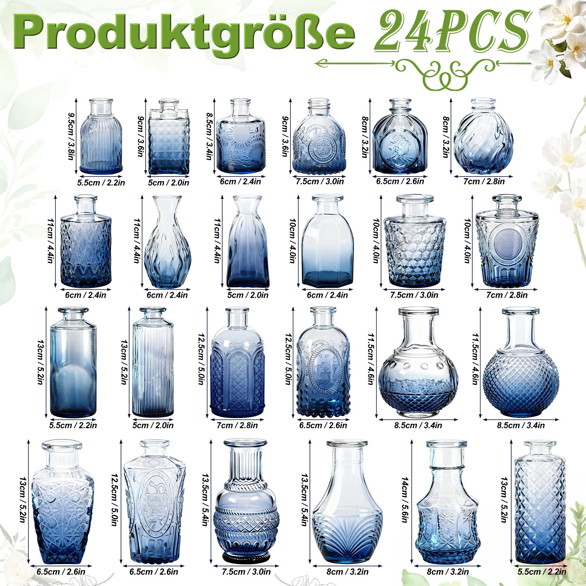 FIVMEN Dekovase Glasvasen Set Blumenvasen Vintage Glas Vasen Minivasen Knospenvasen (24 St), für Blumenarrangements, Hochzeiten, Partys und Dekorative
