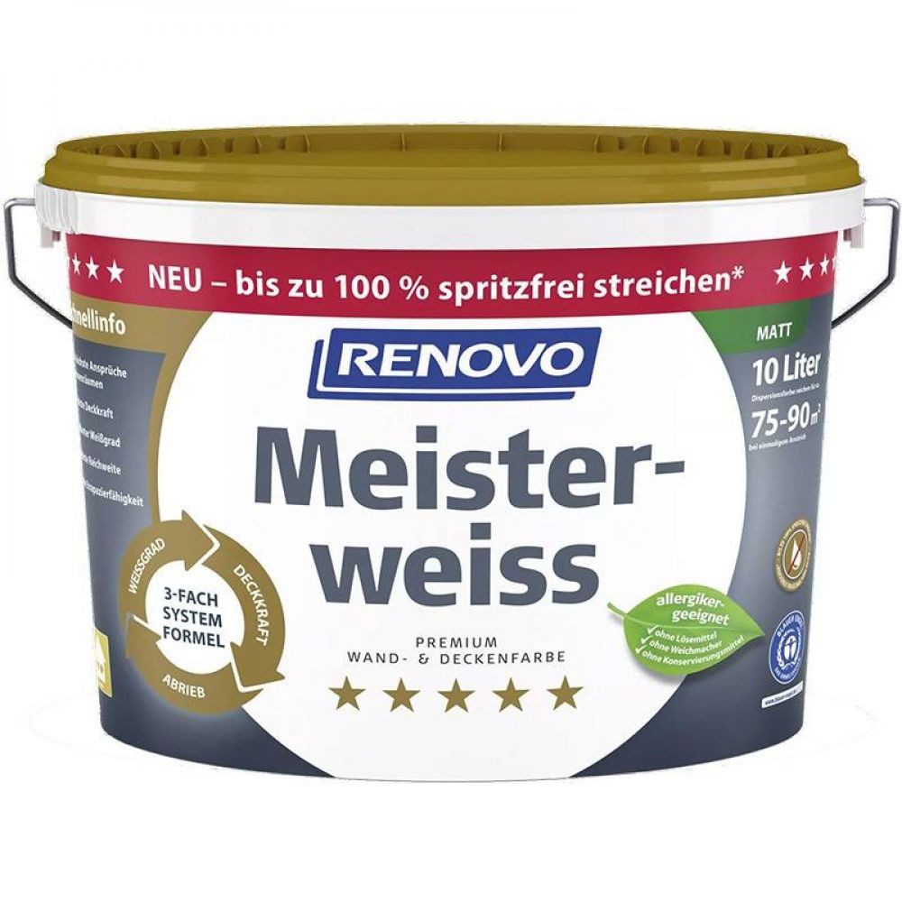 Wandfarbe Renovo Premium Wand- und Deckenfarbe Meisterweiss matt 10 Ltr.
