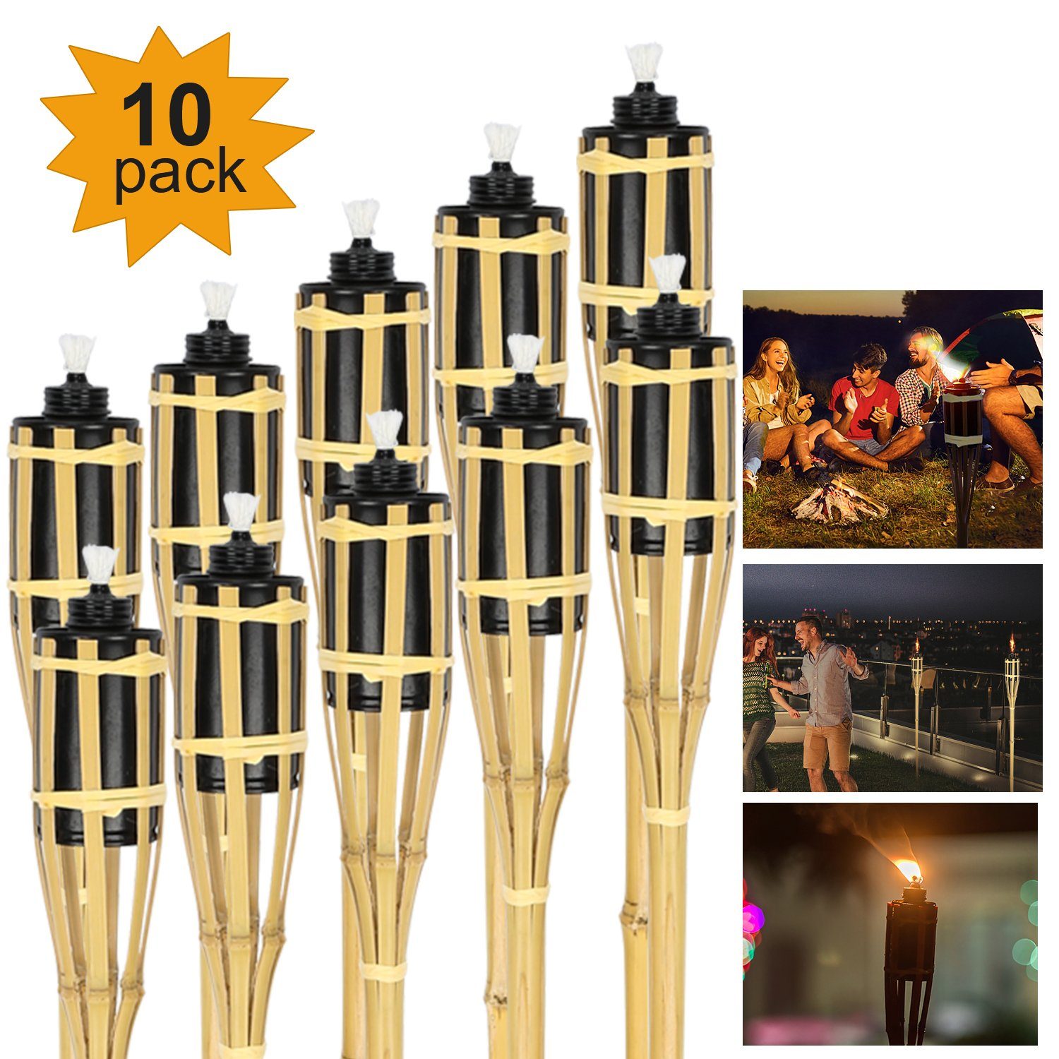 Gimisgu LED Gartenfackel Bambus Gartenfackeln, 10er Set Gartenfackeln Bambus, Natur